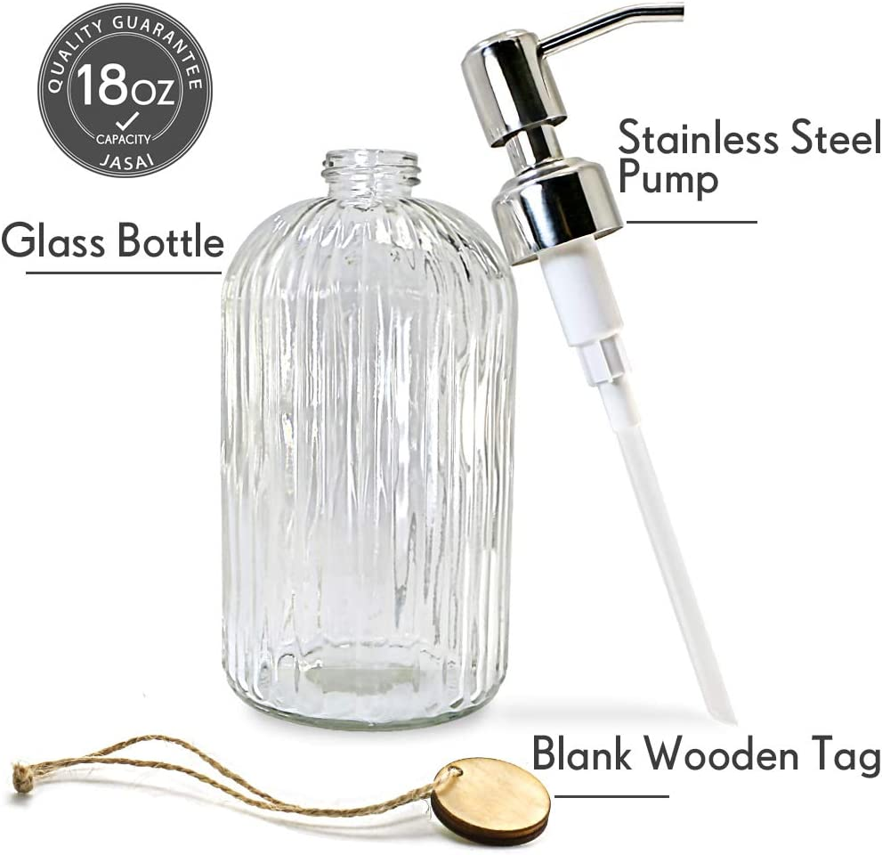 JASAI 18 Oz Clear Glass Soap Dispenser with Rust Proof Stainless Steel Pump, Refillable Liquid Hand Soap Dispenser for Bathroom, Premium Kitchen Soap Dispenser (Clear). image number 6