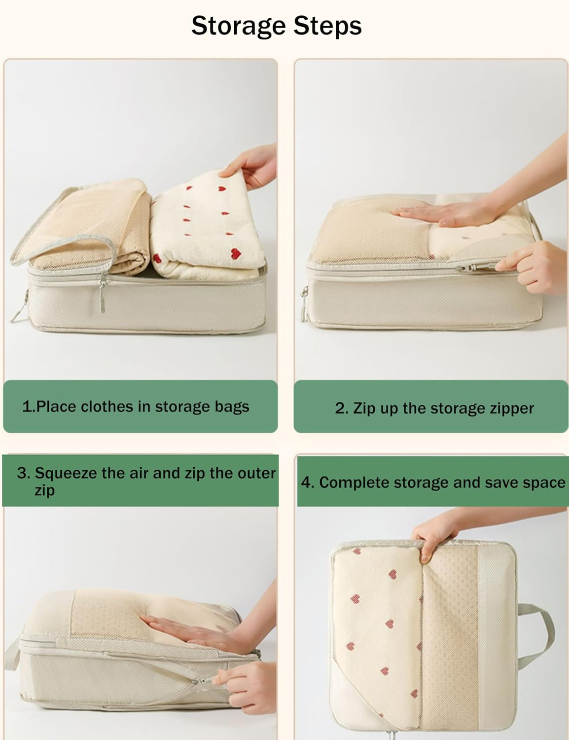 JOZUTTOW Nylon Compression Packing Cubes, Set of 8 Travel Organizer Bags with Recompression Design, Water-Repellent Fabric, Mesh Design, Zipper Closure, Beige image number 4