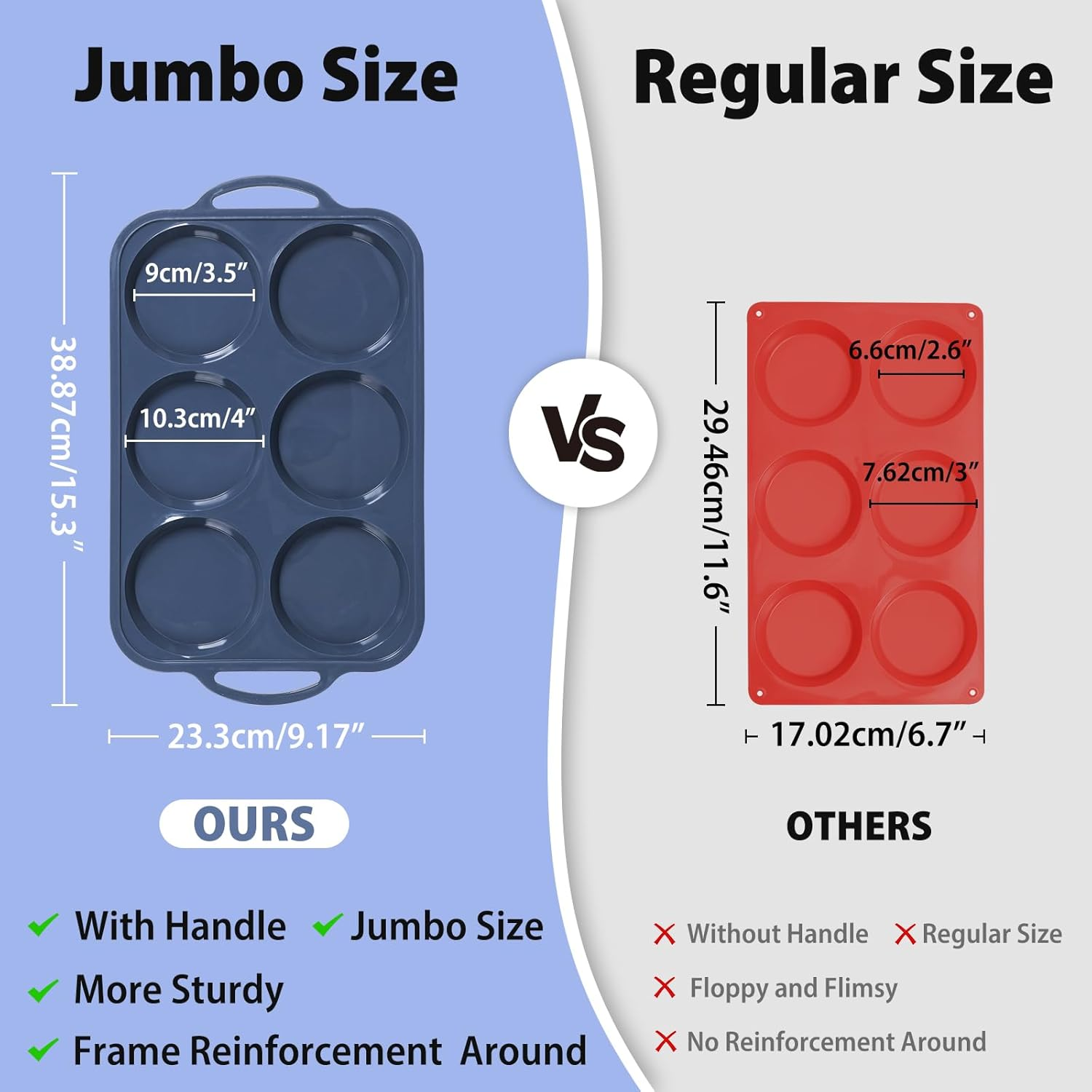 4 Inch Jumbo Silicone Muffin Top Pan with Metal Frame, Non Stick Silicone Egg Mold for Oven, Large Whoopie Pie Baking Pan for English Breakfast Sandwich, Egg Bite by Folksy Super Kitchen, Grey