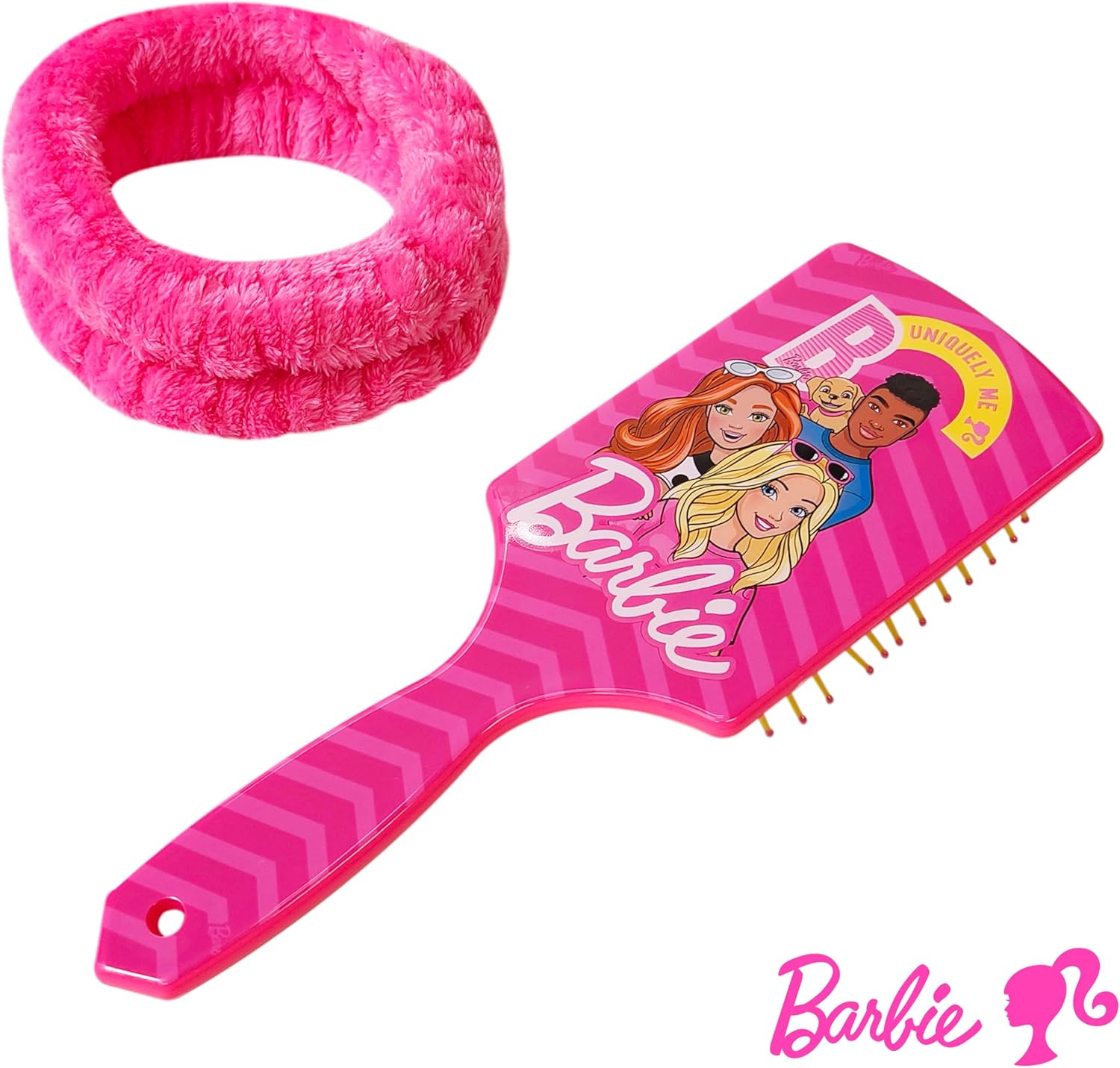 LUV HER Kids Hair Brush & Spa Headband Set for Girls - Features Barbie - Fun Grooming Kit for Detangling, Styling & Skincare - Soft & Stretchy One Size