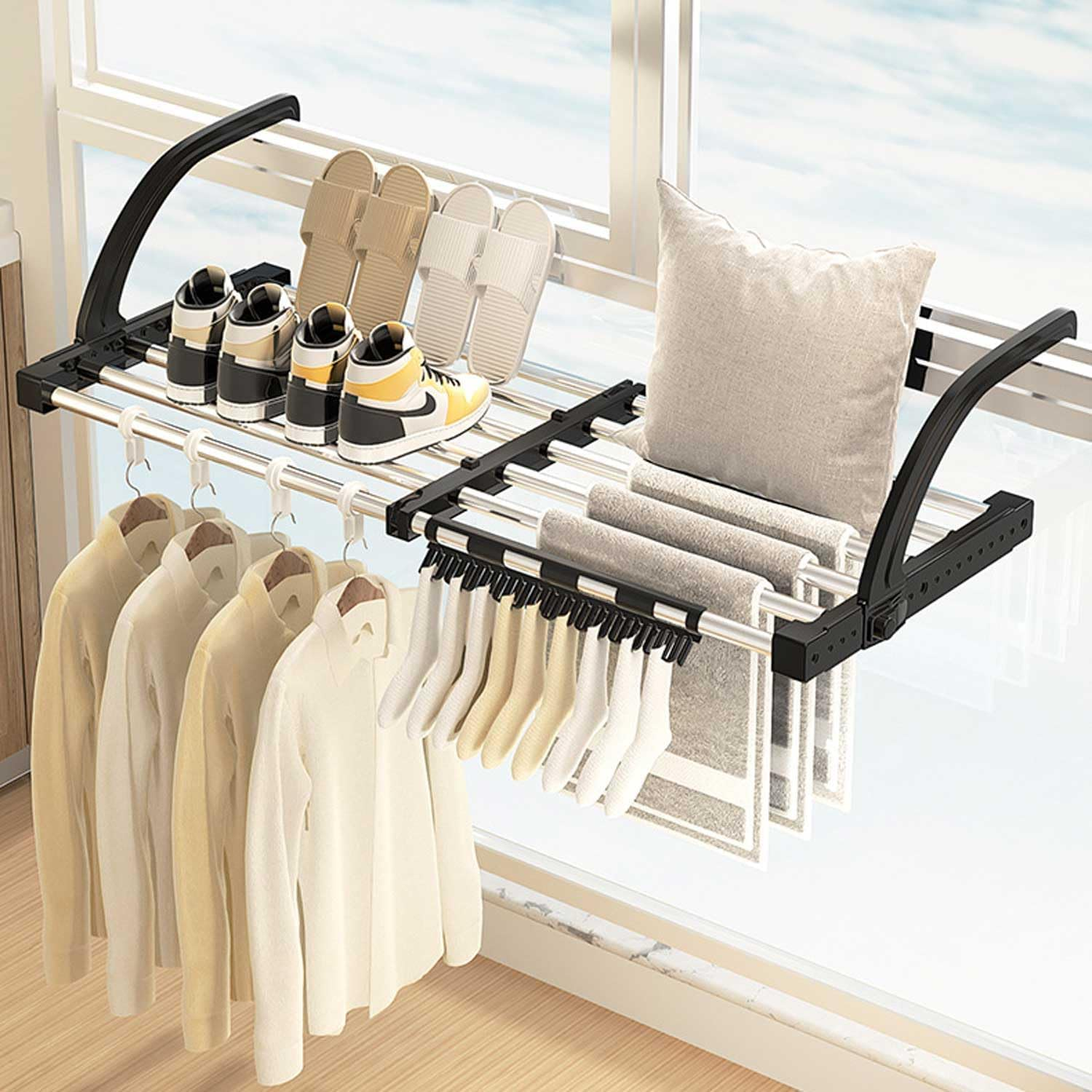 Portable Clothes Drying Rack for Balcony Railings Windowsill, Folding Towel Rack Indoor Outdoor, Stainless Steel Extendable Airer Indoor (42-73 Cm), Wind-Proof Socks Hanger Rack Included