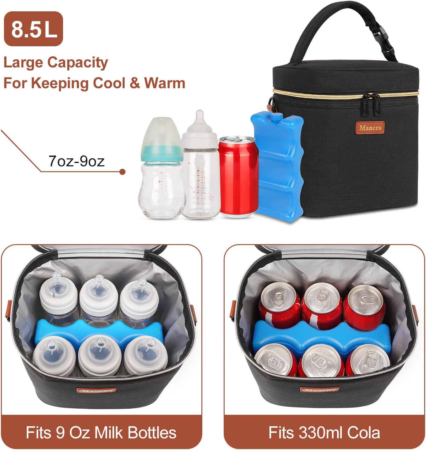 Mancro Breastmilk Cooler Bag with Ice Pack, Fits 6 Baby Bottles up to 9 Ounce Insulated Baby Bottle Bag, Breast Milk Cooler on the Go with Strap, Bottle Storage Bag for Nursing Mom Daycare, Black image number 1