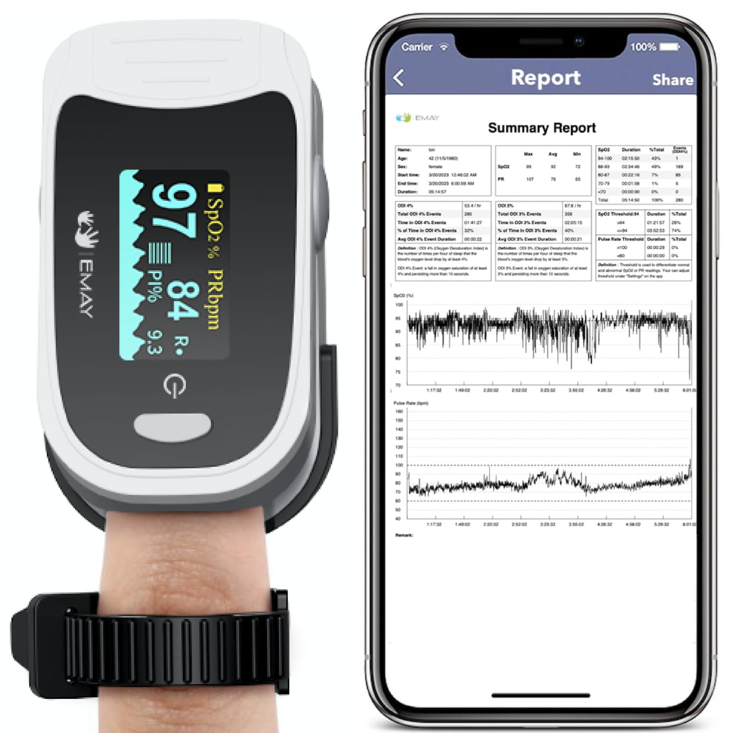 EMAY Sleep Oxygen Monitor with App for Iphone & Android | Track Overnight & Continuous Oxygen Saturation Level (Spo2) & Heart Rate with Professional Report | Memory Stores Spo2 Data up to 40 Hours image number 4