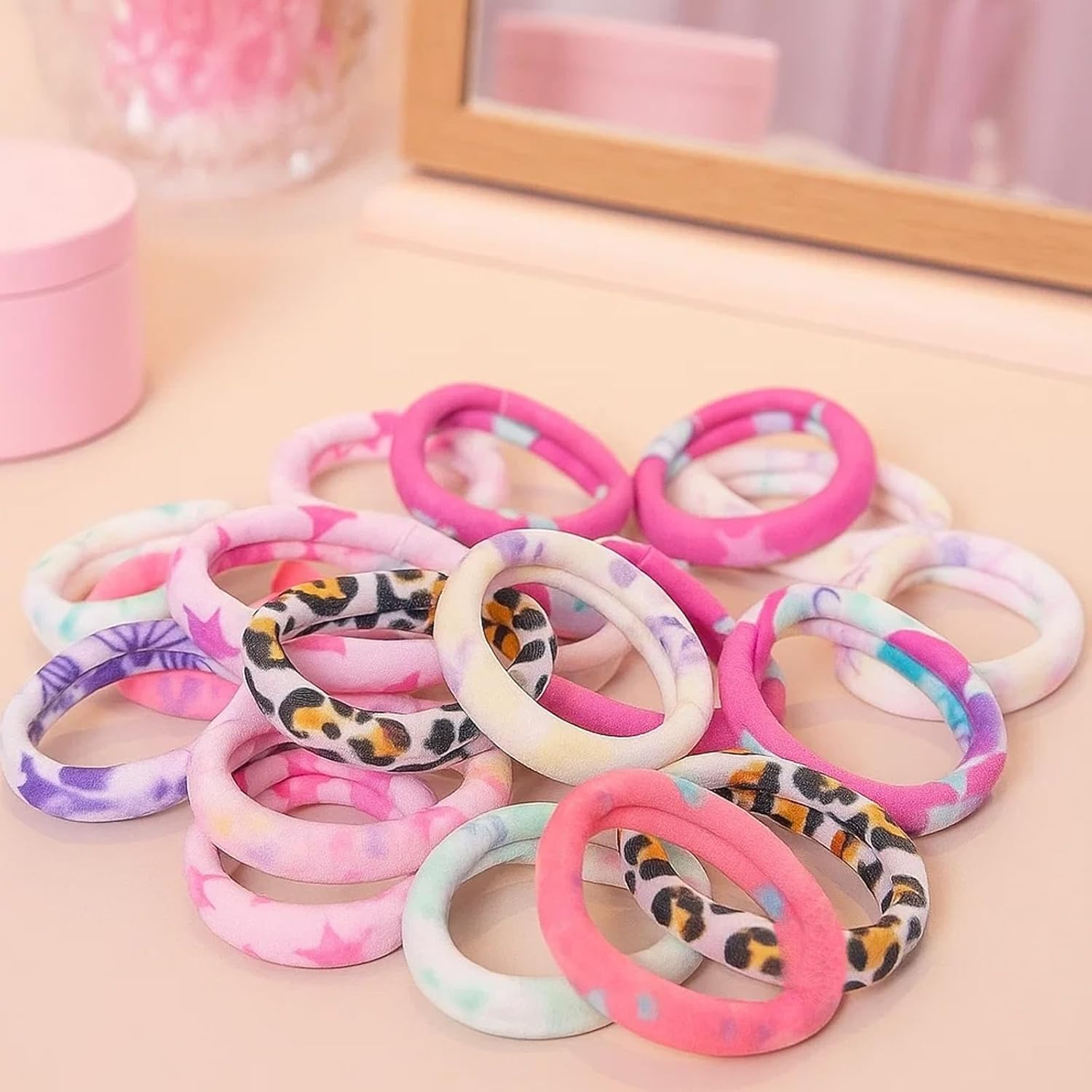 Pack of 60 Girls' Hair Bobbles, 4 Cm Coloured Nylon Hair Bobbles with Print, Soft and Comfortable for Daily Hairstyles, Colour Range for Girls Daily Combination, Ponytail Hair image number 2