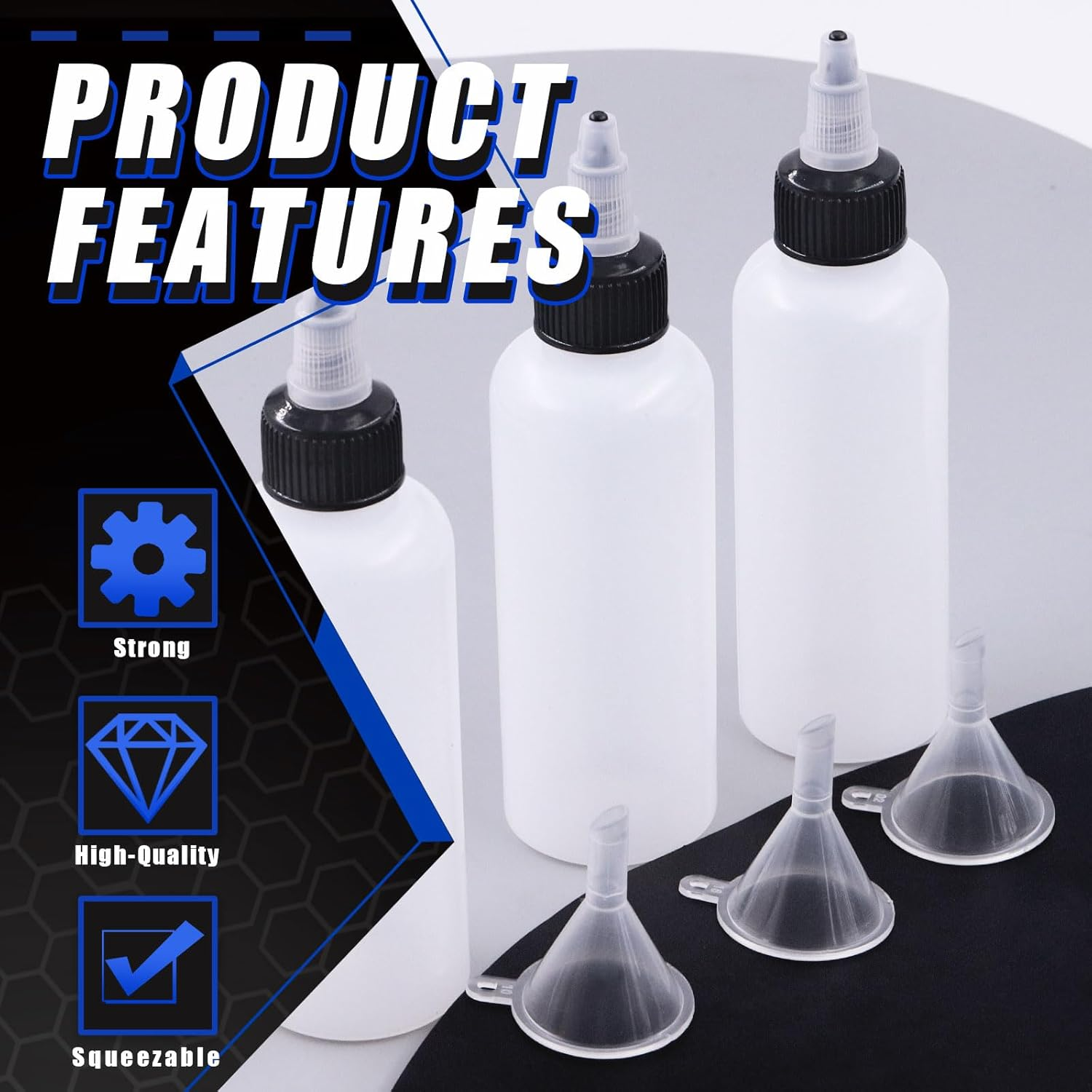 Glarks 15Pcs 100Ml/4Oz Dispensing Bottles with Funnel Set, Boston round LDPE Plastic Bottle, Clear Plastic Squeeze Bottles with Twist Top Cap for Kitchen, Household, Arts and Crafts image number 3