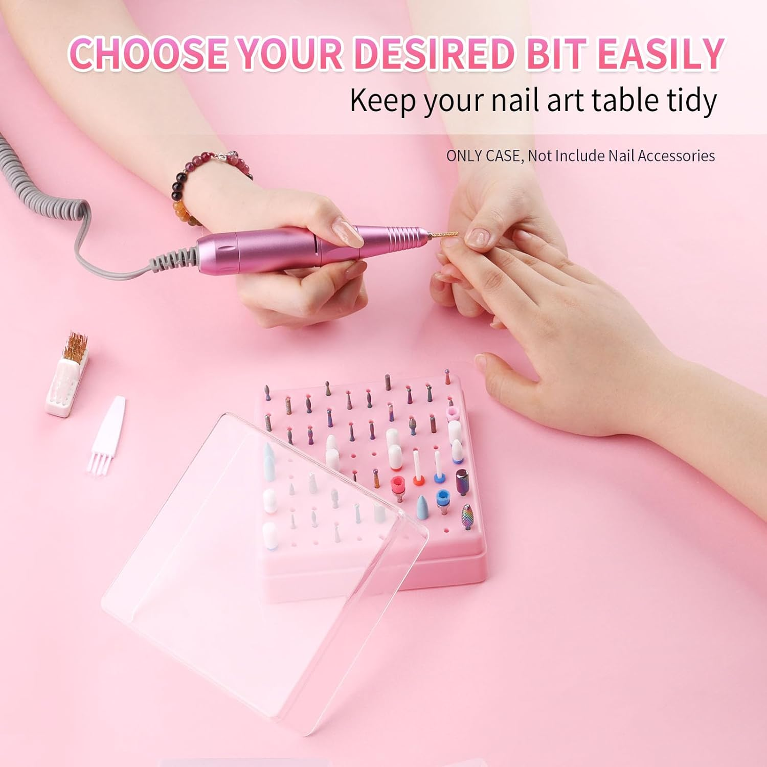 Heemeei Nail Drill Bits Holder & Nail Drill Bits Cleaning Brush, 100 Holes Nail Bit Holder, Dustproof Nail Art Drill Bits Display Storage Box, Nail Drill Bit Holder for Nail Tech (Pink) image number 4