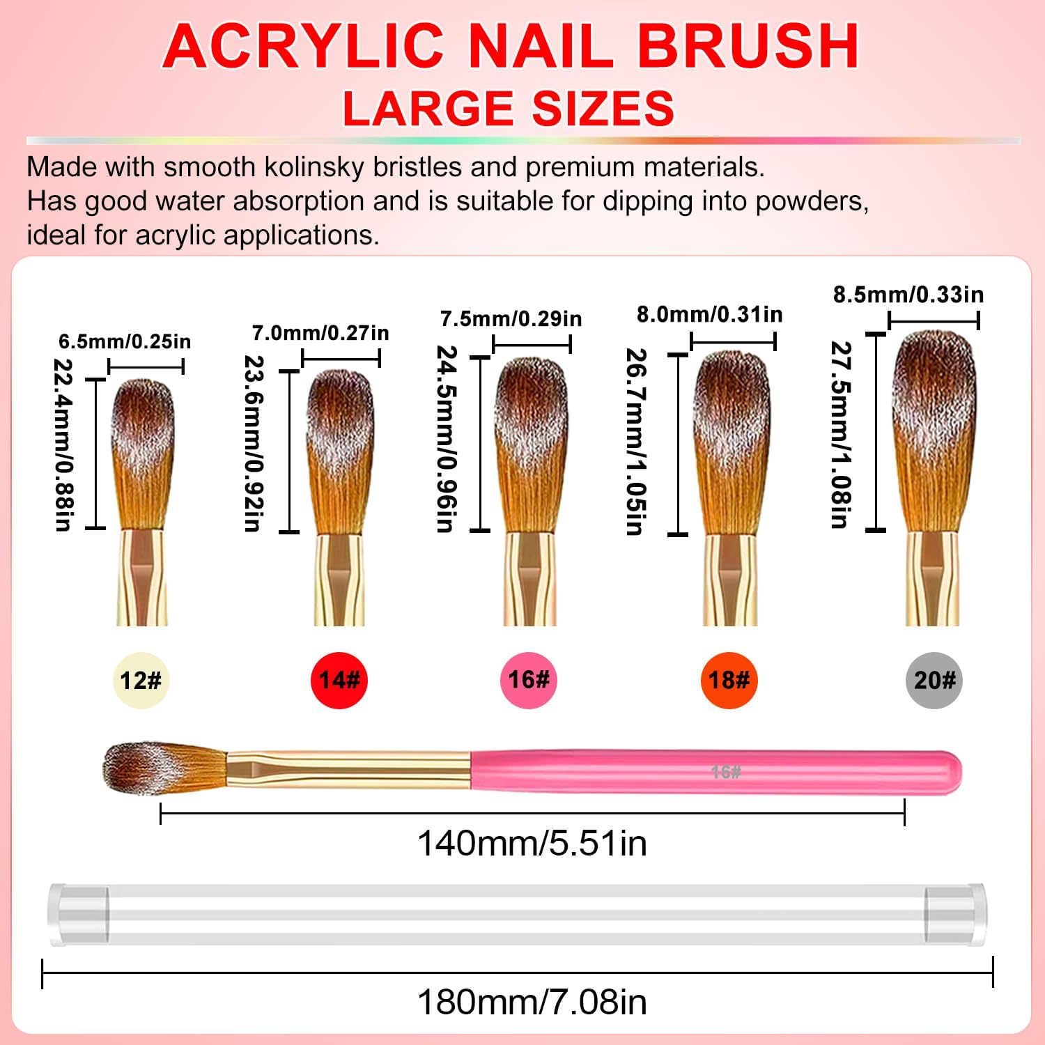 MUSILAN 5Pcs Acrylic Nail Brush Set, Multifunctional Nail Brushes, Nylon Bristles, Plastic Handle, Other Color, Ideal for Professionals and Beginners, Size 12/14/16/18/20 image number 5