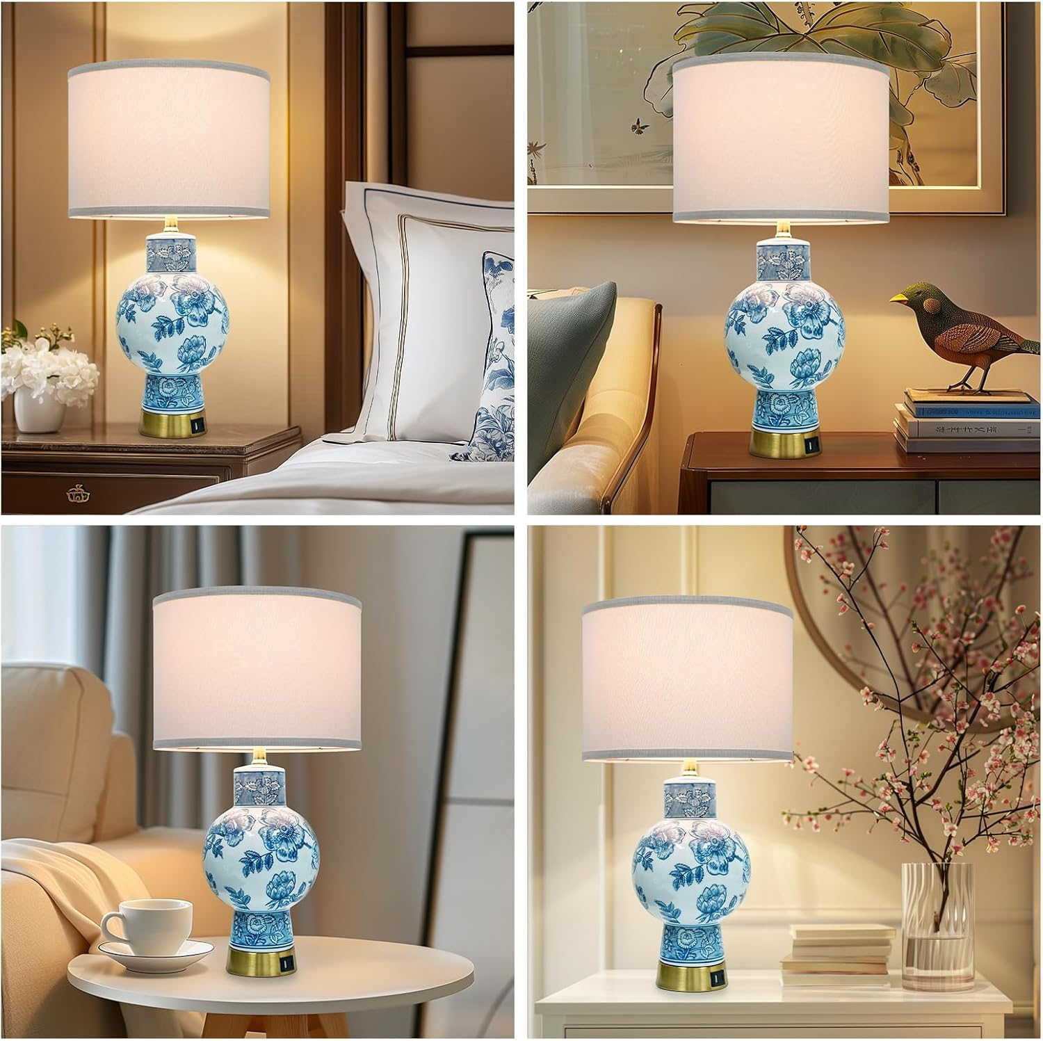 EOEYYOYB Bedside Table Lamp with USB Ports, 3-Way Dimmable Touch Lamp with Porcelain Vase Fabric Lampshade, Modern Desk Lamp Bedroom Decor for Living Room Home Office Study, Blue image number 5