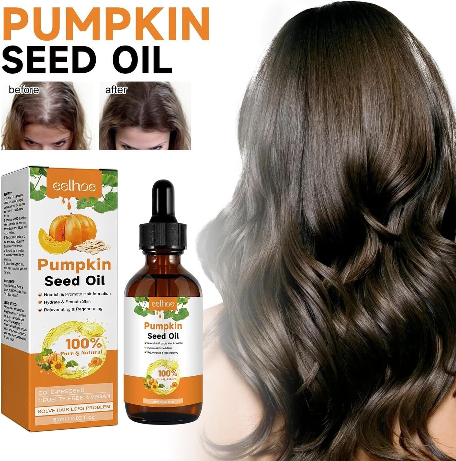 2PACK Pumpkin Seed Oil - 100% Pure Pumpkin Seed Oil Cold Pressed for Skin, Face, Hair Care, Eyebrow and Eyelash - Repairing Dry, Damaged Hair - 120Ml image number 6