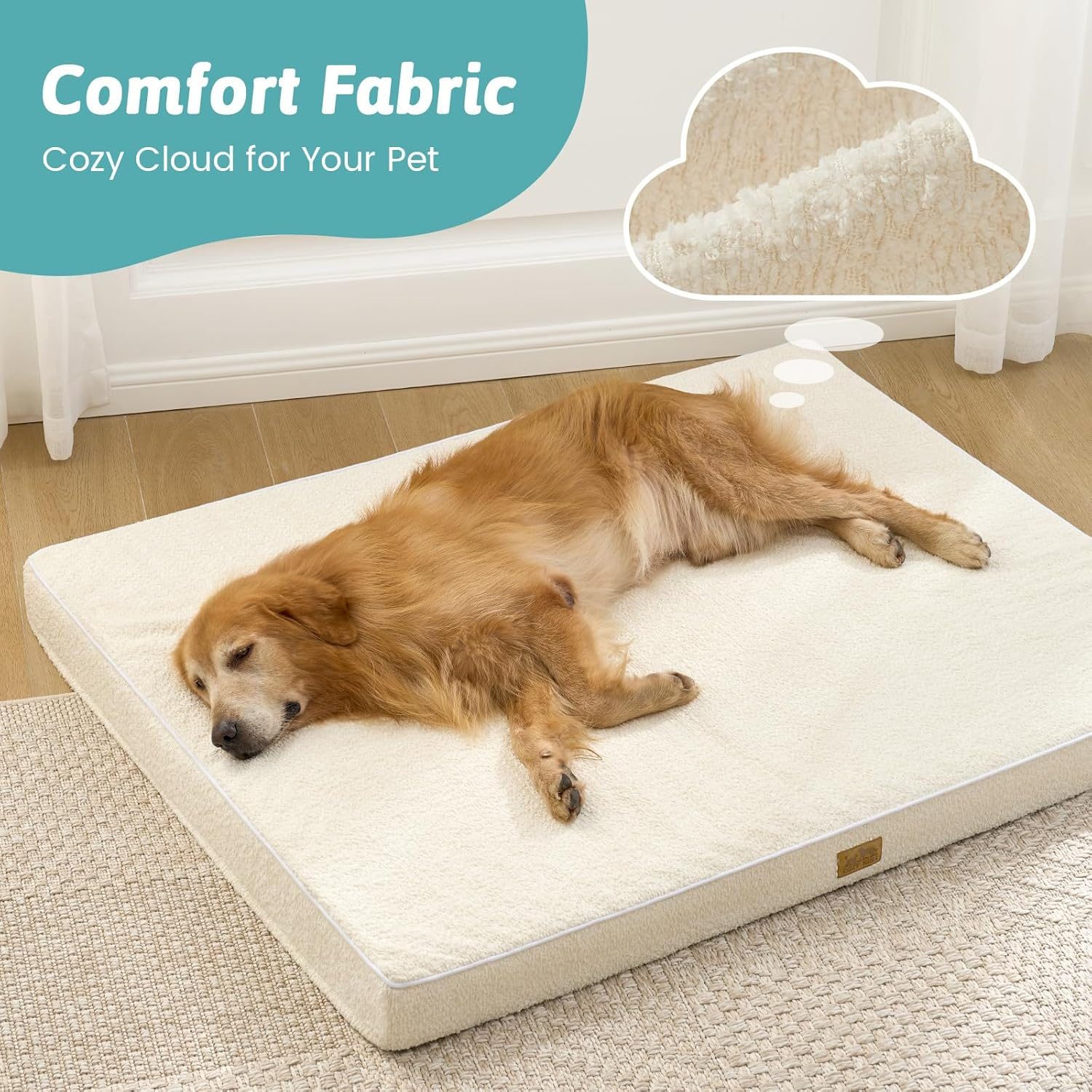 COZY KISS Orthopedic Dog Bed for Large Dog, Xlarge Removable Washable Cover with Waterproof Lining & Anti-Skid Bottom, Rectangular Foam Pet Bed, XL Size, 44X32X3 Inch, Beige image number 5
