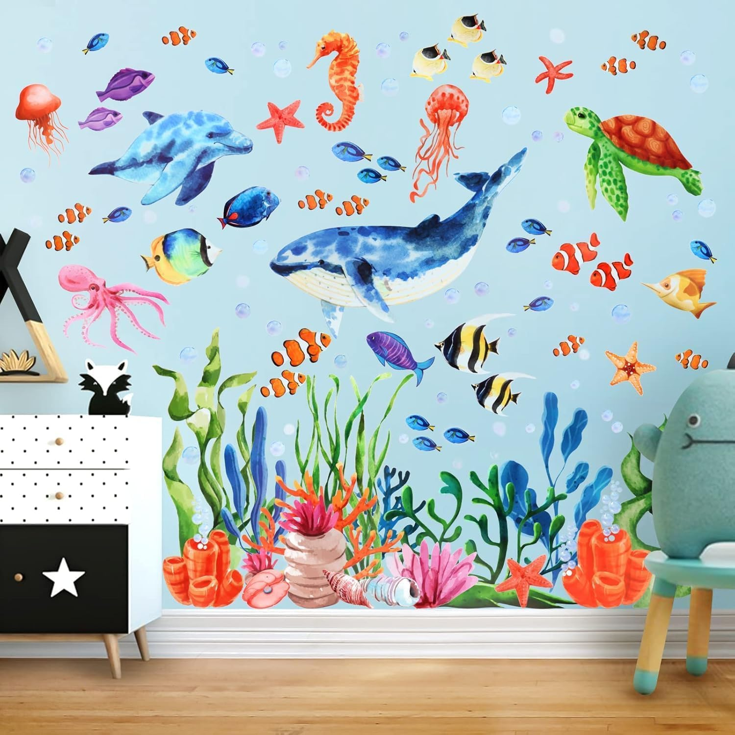 Kalolary under the Sea Wall Decals Sea Turtle Whale Dolphin Starfish Wall Stickers 3D Coral Reef Ocean Grass Bubbles Wall Decals Wall Decoration for Wall Corner Nursery Room Children Bedroom Bathroom image number 4