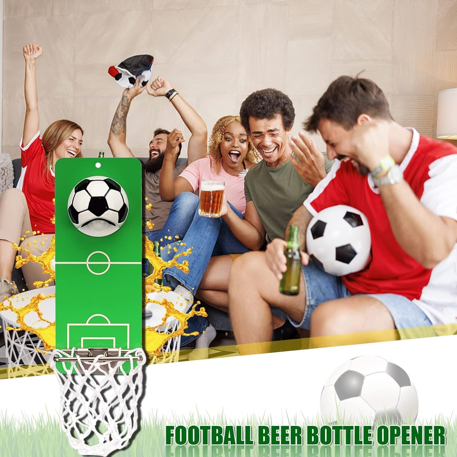 Magnetic Bottle Openers with Netting Catcher, Wall Mounted Wooden Beer Bottle Opener, Traceless Corkscrew, Home Bar Accessories for Kitchen, Outdoor, Ideal Beer Gifts for Men (Style Football) image number 4