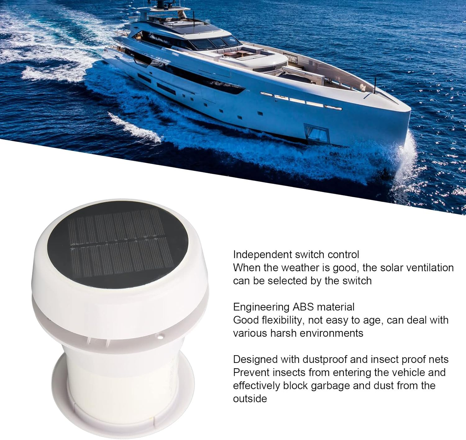 RV Solar Ventilation Fan, 12V Roof Exhaust Fan with Protective Net, Noiseless Solar Powered Vent for Trailers, Campers, and Boats image number 1