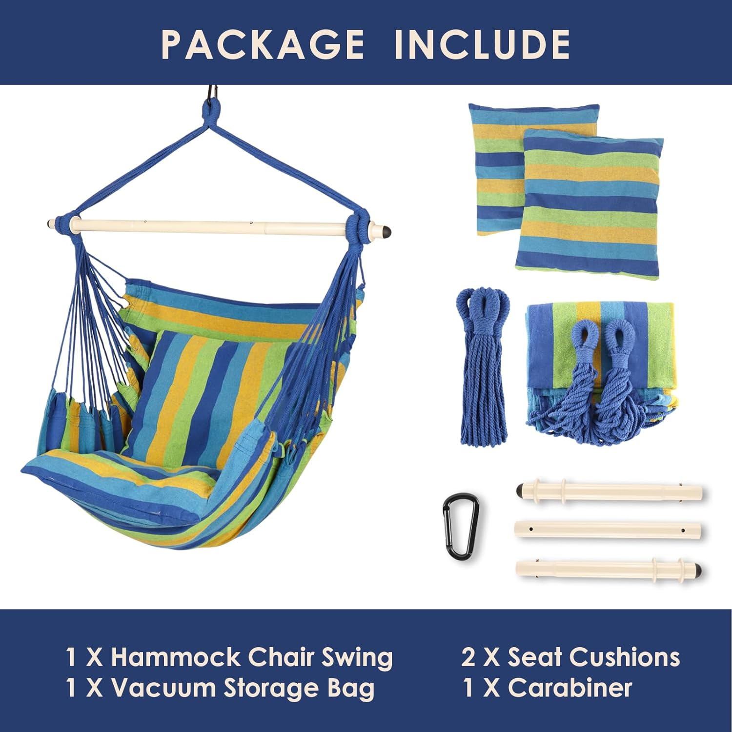 Highwild Hammock Chair Hanging Rope Swing - Max 500 Lbs - 2 Cushions Included - Steel Spreader Bar with Anti-Slip Rings - for Any Indoor or Outdoor Spaces (Blue Striped) - C- Cushions Included-Grey image number 5