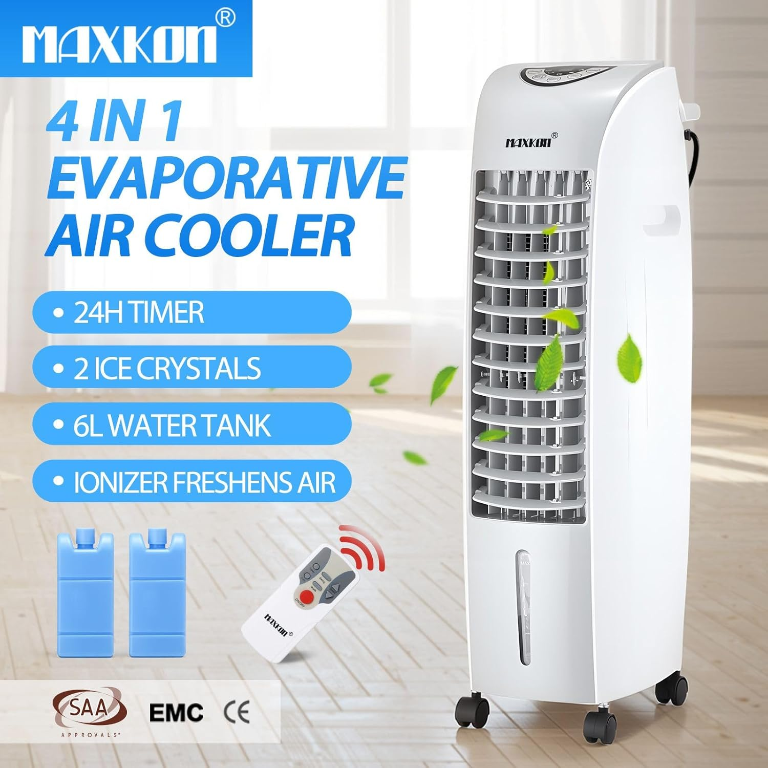Maxkon Air Cooler Portable Evaporative Cooling Fan Purifier Humidifier 6L Water Tank 4 in 1 Swamp Home Room Ionizer Conditioner System image number 1