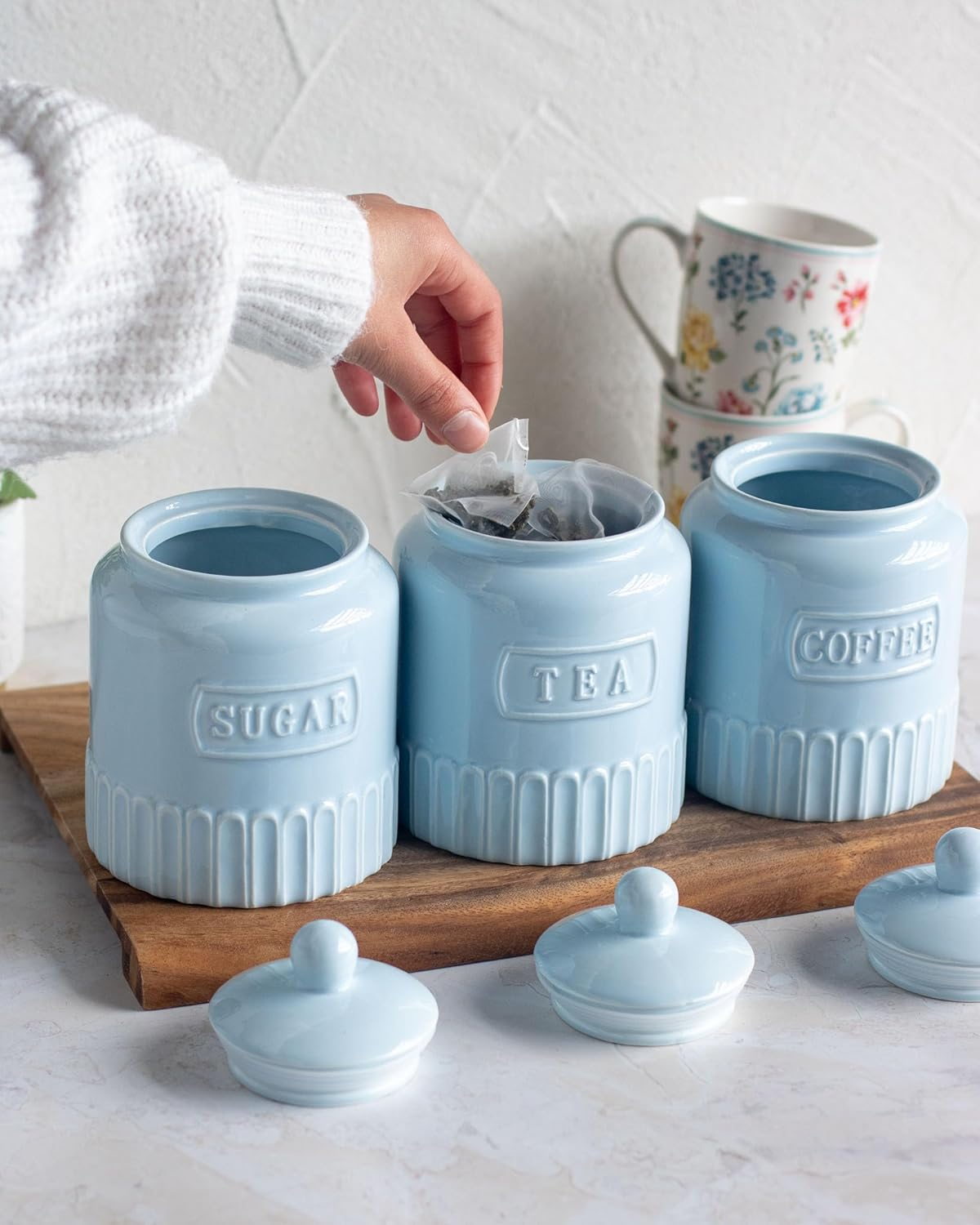 The House of Florence Kitchen Canisters Set, 3 Piece Coffee Tea Sugar Storage Containers, Soft Blue image number 6