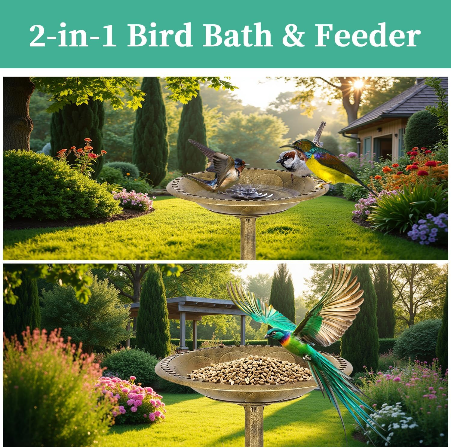 Antique Style 23.2" Tall Bird Bath - Lightweight Resin Base Bird Feeder with Gold Decorative Finish and Anti-Tip Design for Patio or Garden Use image number 6