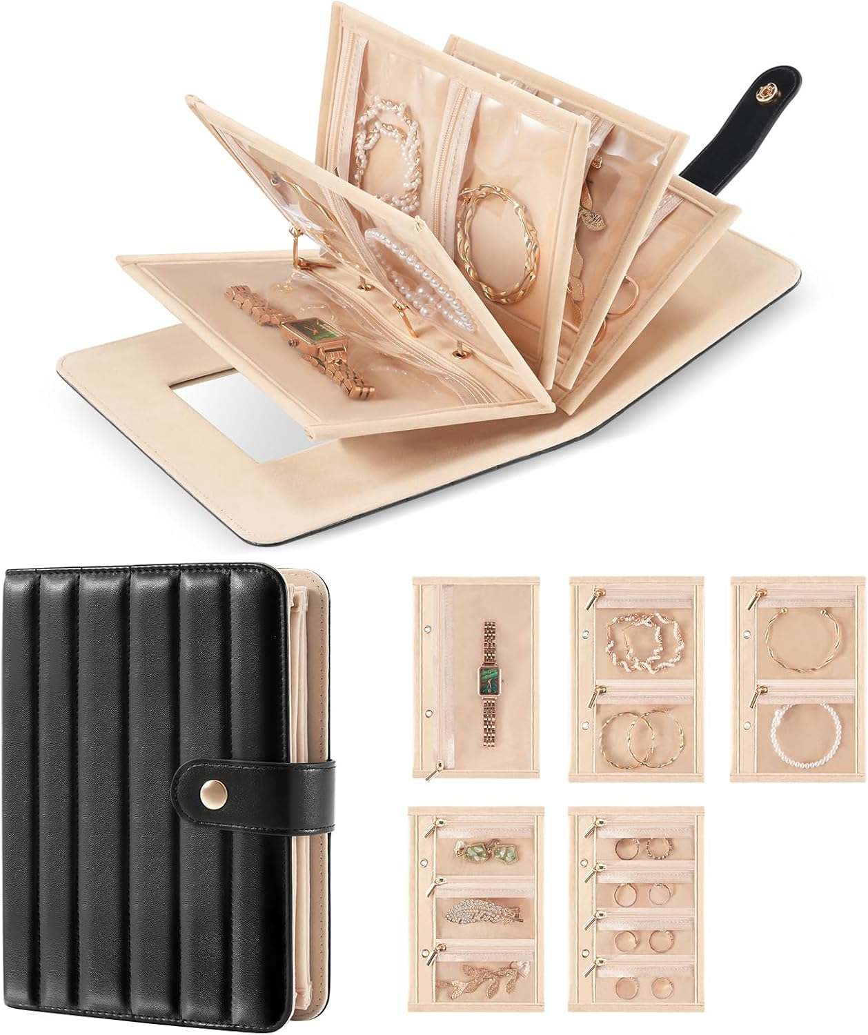 Lolalet Travel Jewelry Organizer Case, Portable Jewlery Storage Book Portfolio Binder with Zipper Velvet Pouch and Built-In Mirror for Women -Beige, Small