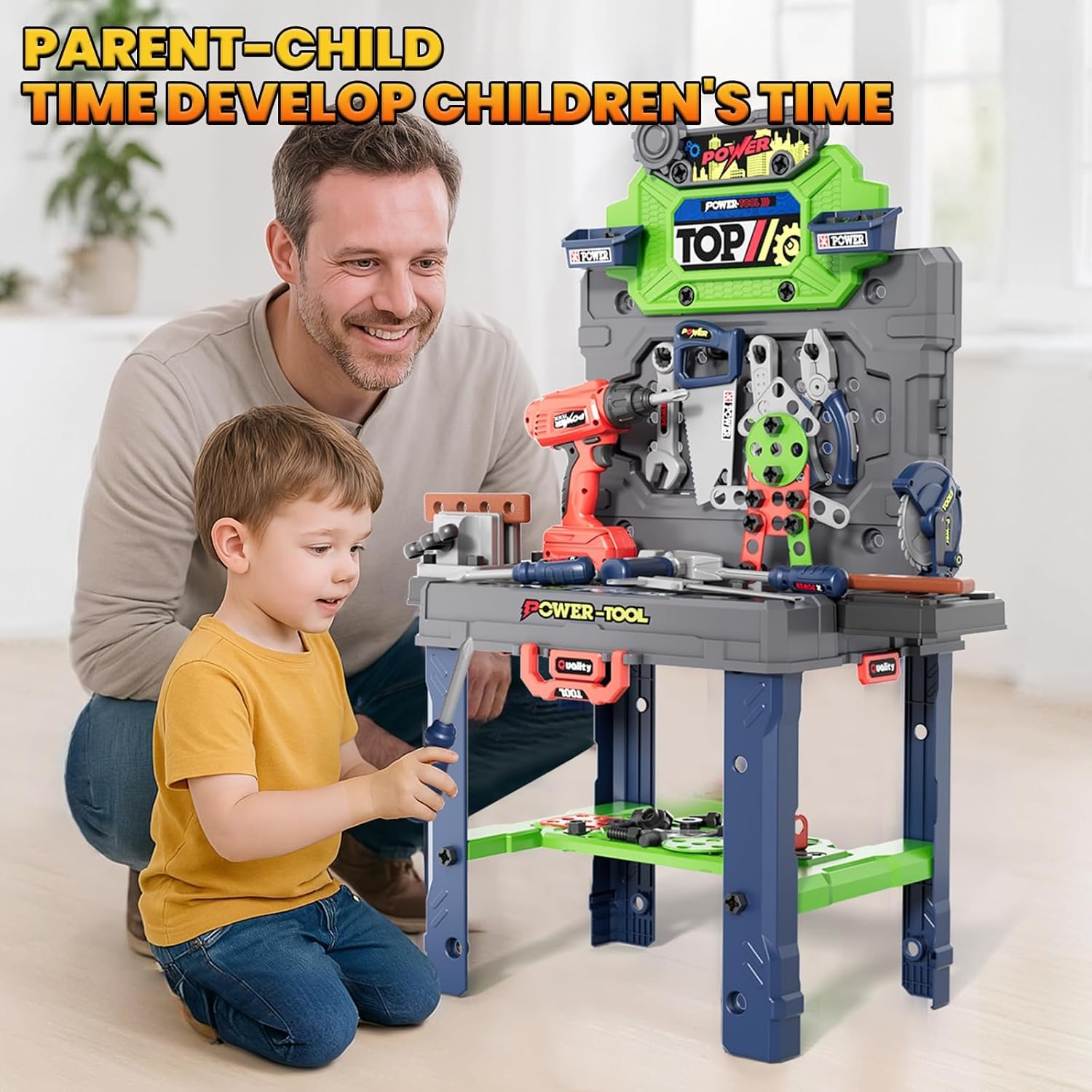 Kids Tool Bench with Realistic Tools and Electric Drill, 2-In-1 Transformable Kids Tool Set, Pretend Play Construction Workbench Toys for Toddler Boys Girls Age 3-8 image number 6
