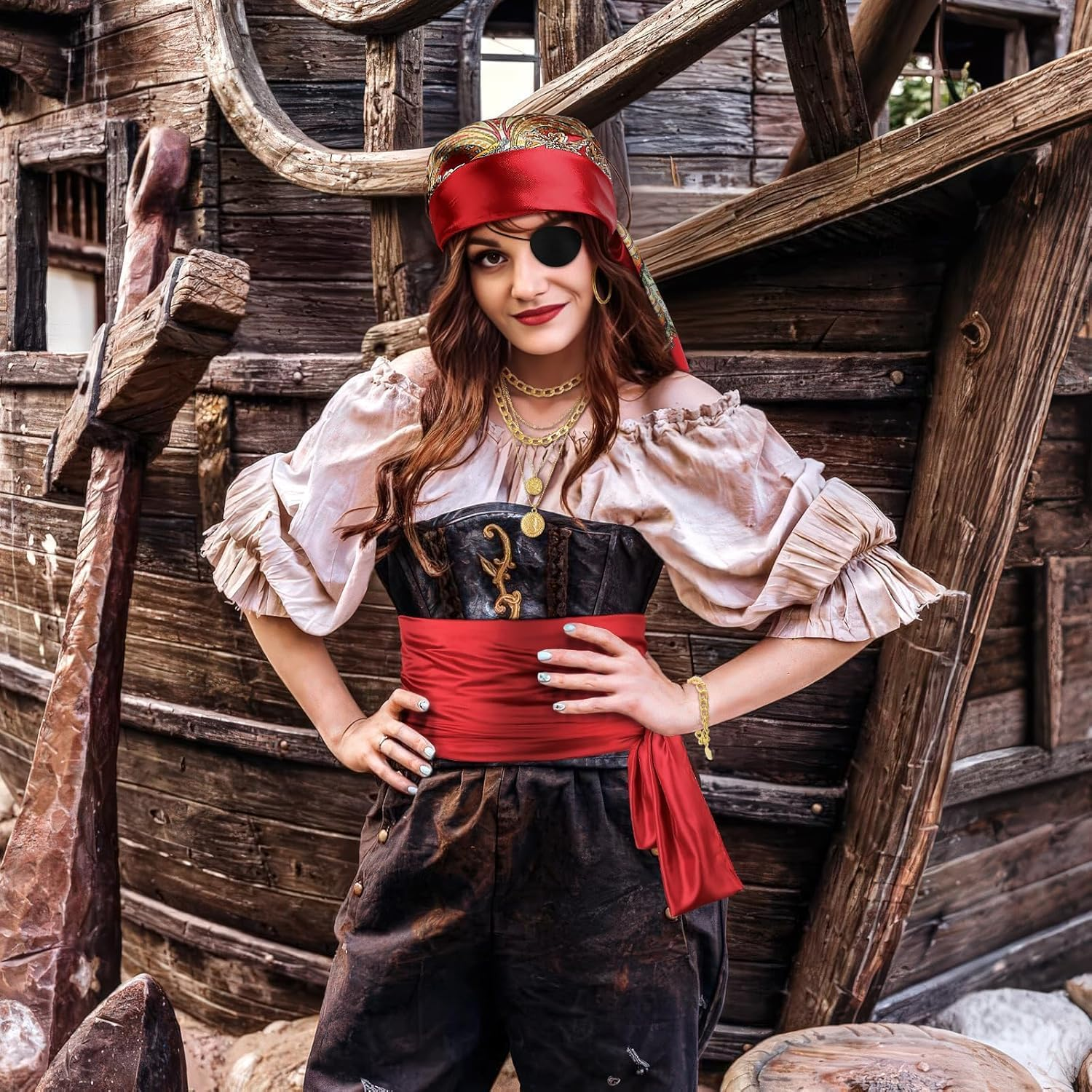 Pirate Costume Accessories Set for Women Men Captain Pirate Hat, Bandana Head Scarf, Sash, Belt, Dress Accessories image number 1