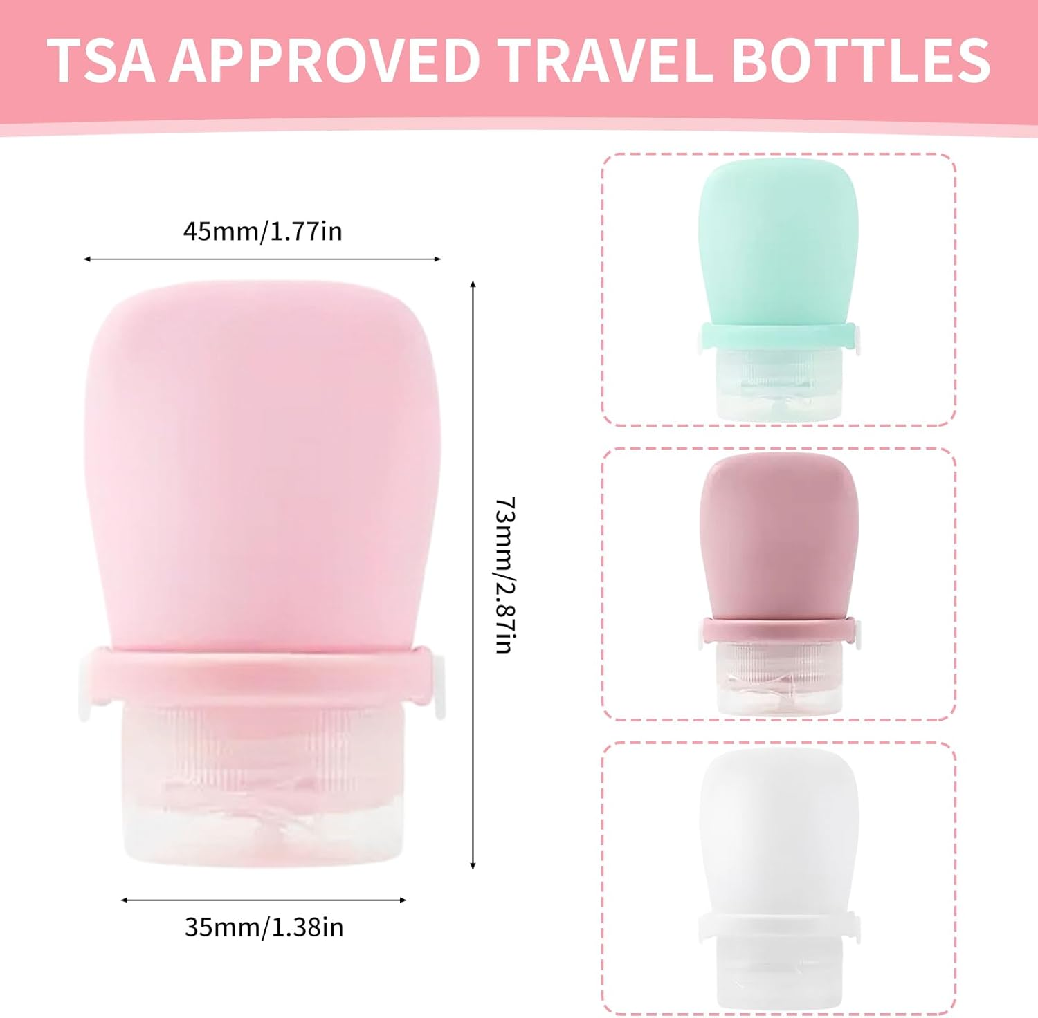 Starfa Lab 4 Pack 1Oz Silicone Travel Bottles Leak Proof Squeeze Bottles for Toiletries Shampoo Conditioner Lotion Salad Dressing Travel Size Containers, Light Pink, Dark Pink, Green, White image number 4