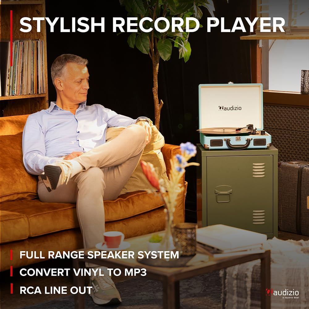 Audizio Turntable Briefcase Record Player | USB Retro Record Players for Vinyl with Speakers | 3 Speeds | Convert Retro Vinyl to Mp3 via USB | RCA Output/Aux 3.5Mm (Blue)