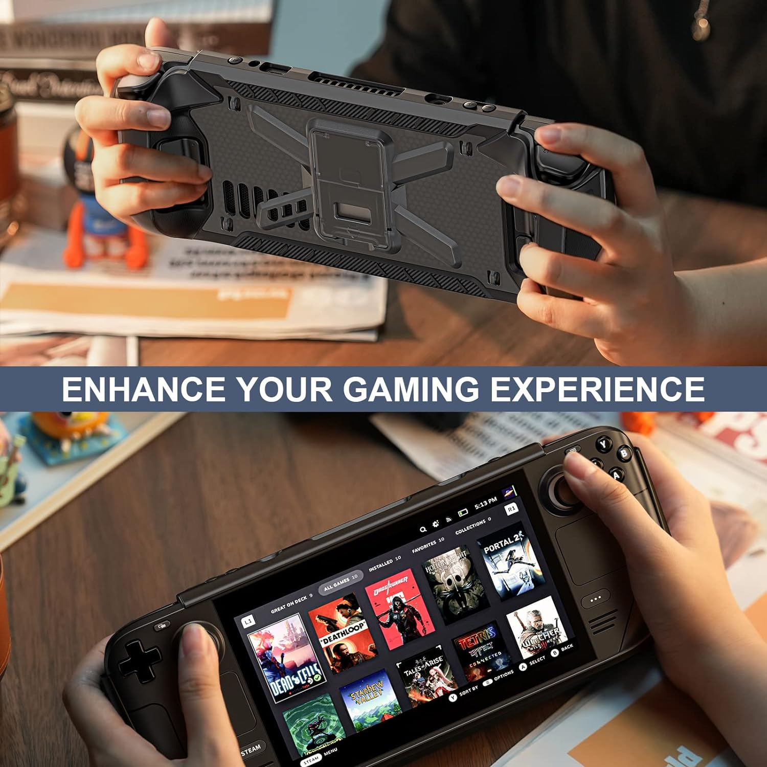 Dmaos Protective Steam Deck Case with Kickstand, TPU & PC Cover, Shock-Absorption for Steam Deck Accessories with Shoulder Strap - Black image number 3