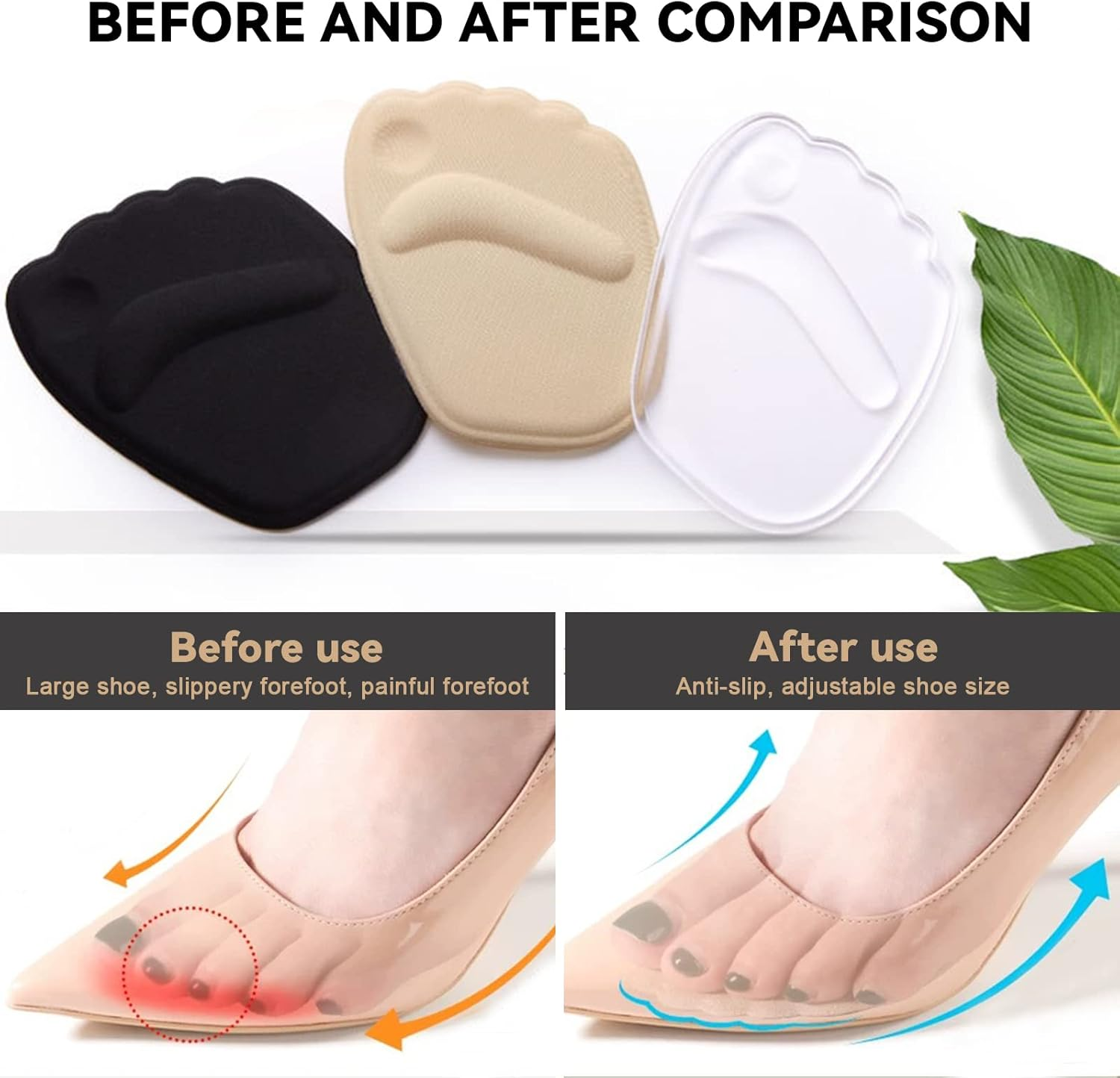 Ball of Foot Cushions Metatarsal Pads for Women, Modixun 4 Pairs Anti-Slip Reusable Washable High Heel Inserts for Foot Pain Relief, Soft Gel Shoe Inserts Forefoot Pads, Black image number 2