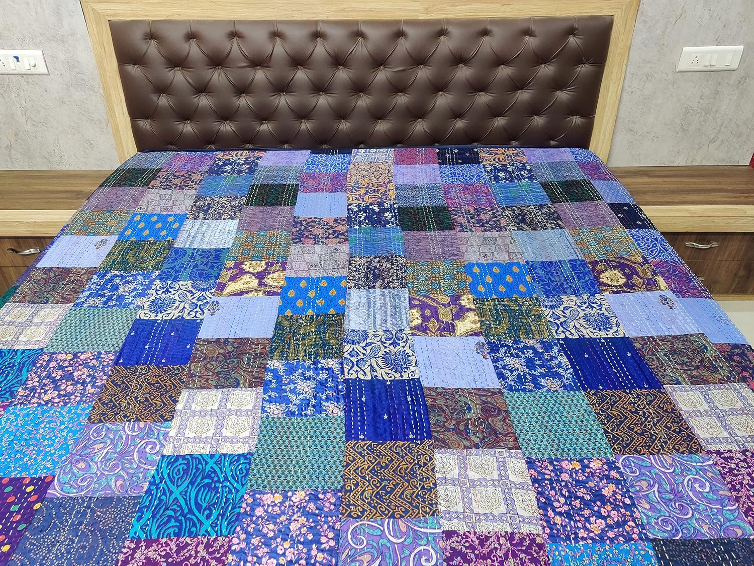 Indian Quilt -Vintage Quilt Old Patola Indian Silk Sari Kantha Quilted Patchwork Bedspread Bohemian Kantha Throws Silk Patola Quilt, Bed Cover,Size 90" X 108" (Multi)