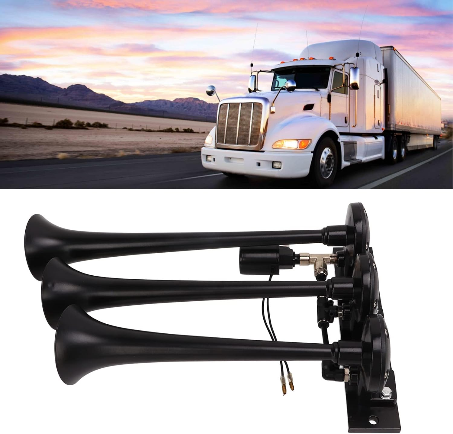 Car Air Horn, 135Db 3 Hole Air Horn DC 12V Loud Sound Trumpet Air Horn for Trucks Vans Boats Yachts Mine Car image number 3