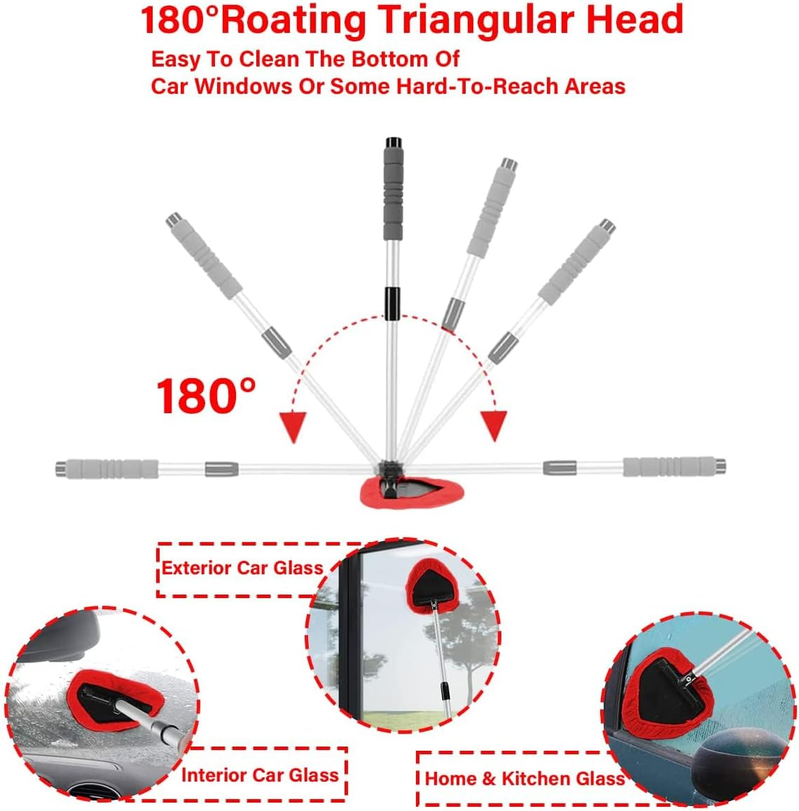 Windshield Cleaning Tool, Car Window Cleaner with 4 Washable Reusable Microfiber Pads, Extendable Long Handle Glass Wiper Cleaning Kit, Auto Accessories Universal for Office and Home (Red) image number 3