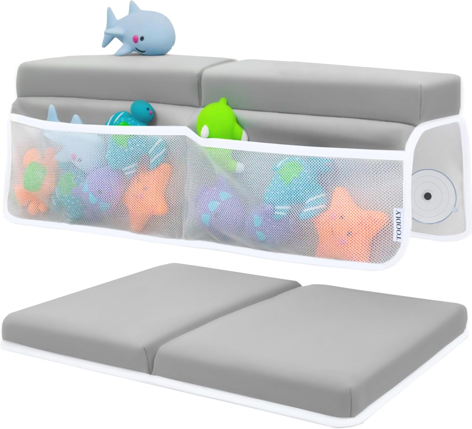 Comfortable Baby Bath Kneeler and Elbow Rest Pad Set - Thickest Bathtub Kneeler Pad with Memory Foam and Bath Toys Organizer - Bath Kneeling Pad for Bathing Baby - Relieve Your Knees and Elbows (Grey)