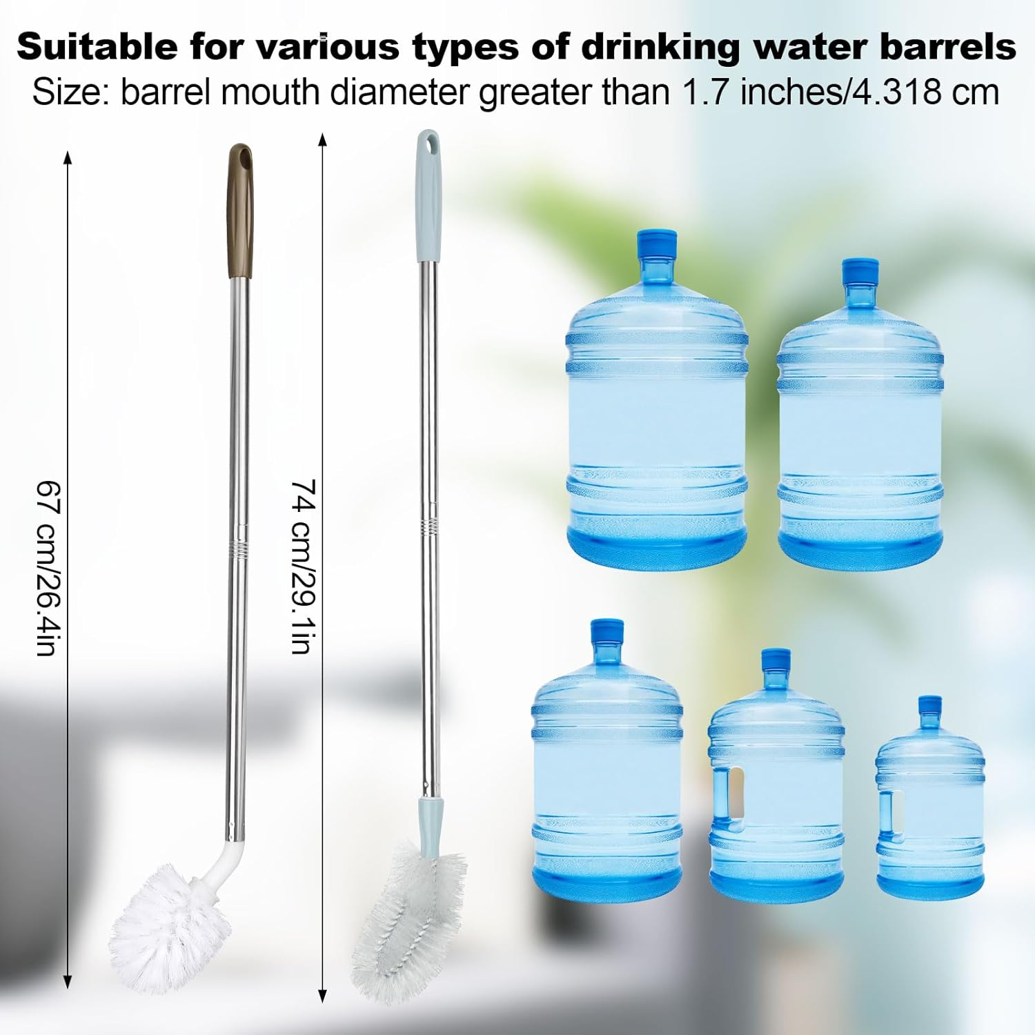 2Pcs Bucket Cleaning Brushes, 2 Styles Gallon Jug Cleaner Kettle Brush with Extra Long Stainless Steel Handle and Nylon Bristles Water Bottle Efficient Cleaning Tools image number 2