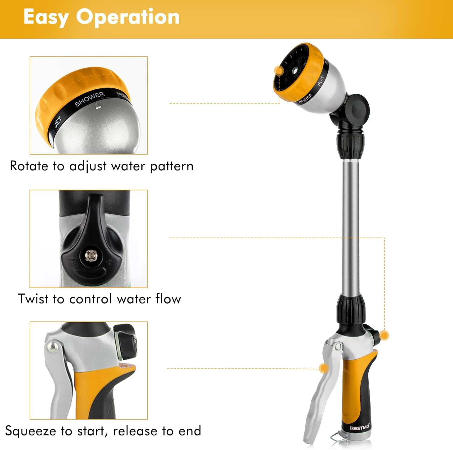 RESTMO Watering Wand Heavy Duty, Long Metal Spray Nozzle | 180&deg; Adjustable Ratcheting Head | 7 Spray Patterns Extension Hose Wand, Perfect Garden Sprayer Gun to Water Hanging Baskets, Shrubs, Yellow - Yellow image number 3