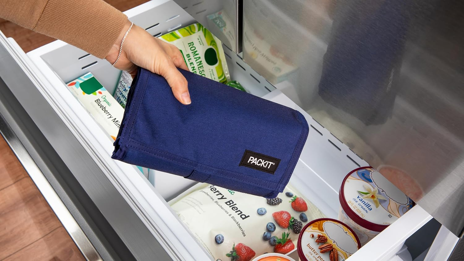 Packit Freezable Lunch Bag - Innovative Lunch Bag W/A Built-In Freezable Gel Liner for Cooling Power, Can Fold for Easy Storage, Easy Clip Handle, Perfect for Packing Meals & Snacks - True Blue image number 4