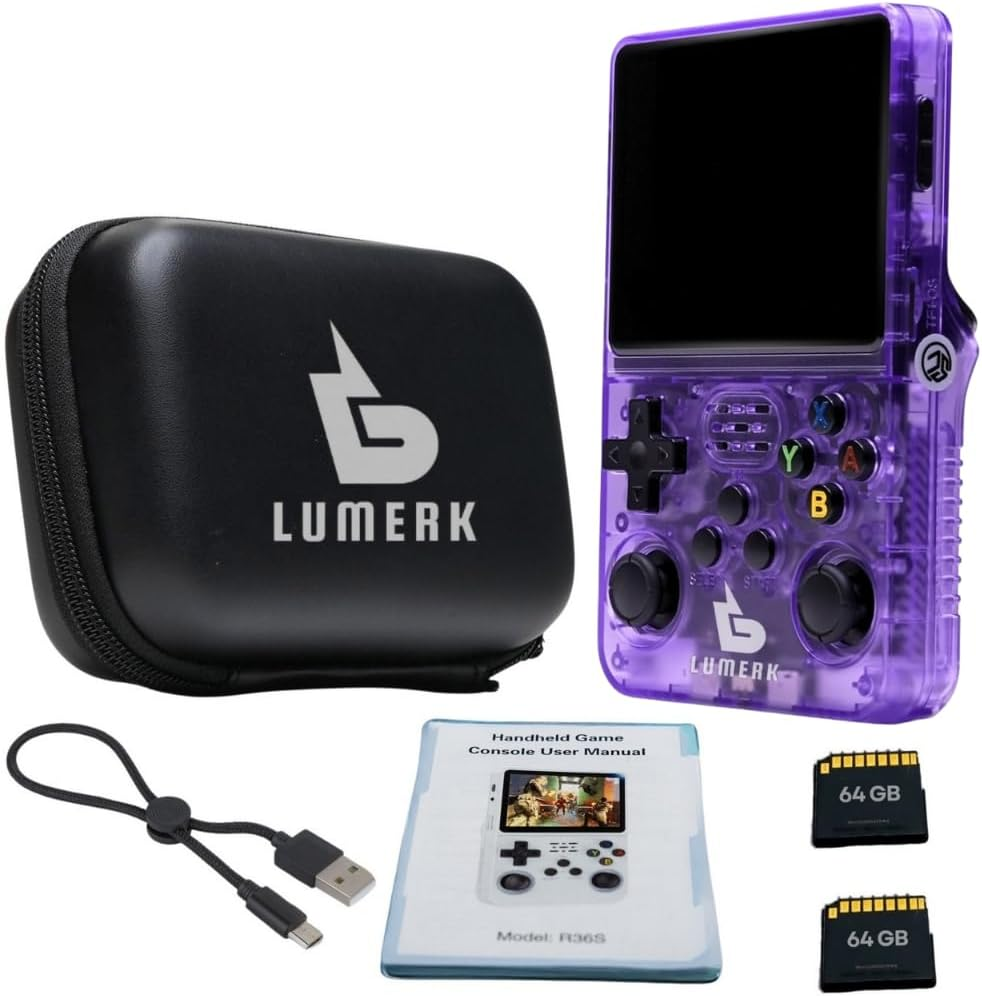 Lumerk R36S Handheld Retro Game Console Air Version(V2.0), 3.5 Inch IPS Screen with Emulator System, 15,000+ Built-In Classic Games, Portable Gaming Console with Dual 3D Joysticks (Transparent Purple)