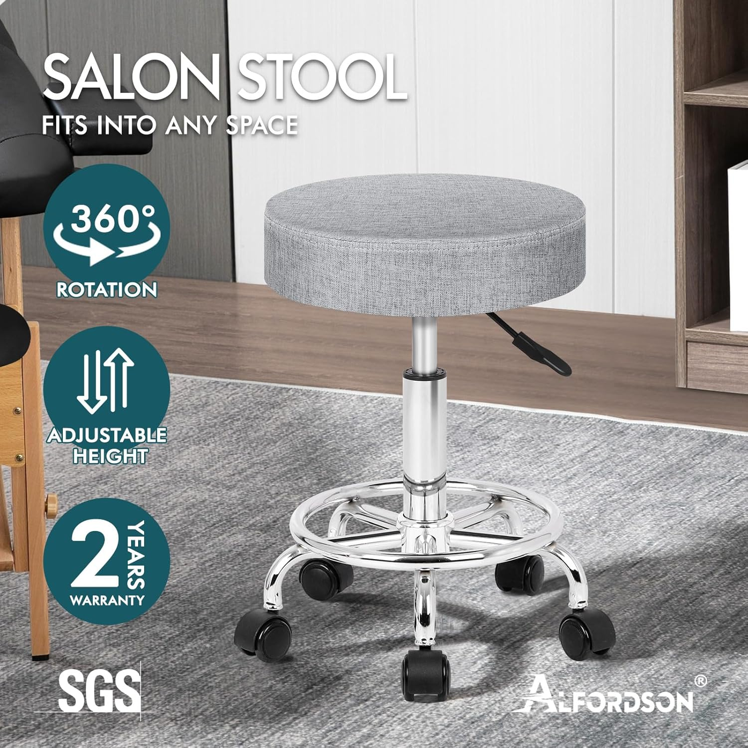 ALFORDSON Salon Stool Kori round Swivel Drafting Rolling Stools in 51.5-68.5Cm Height Adjustable Fabric Spa Stool with Footrest Wheels Backless Hair Dress Barber Chair for SPA Massage Light Grey image number 4