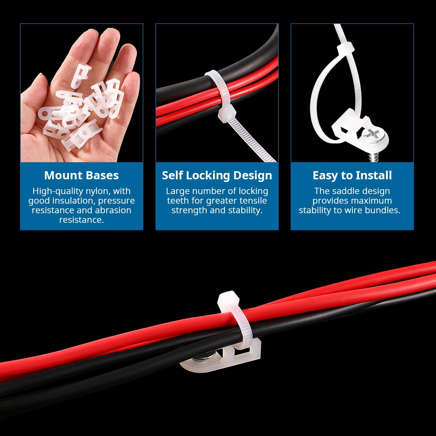 Voogenzek 90 Sets 19.6 * 9.7 Mm Saddle Type Cable Tie Mount Bases, Saddle Type Mount Wire Holder, with M3.5 Screws and Cable Ties, for Wire and Cable Tidy, White image number 3