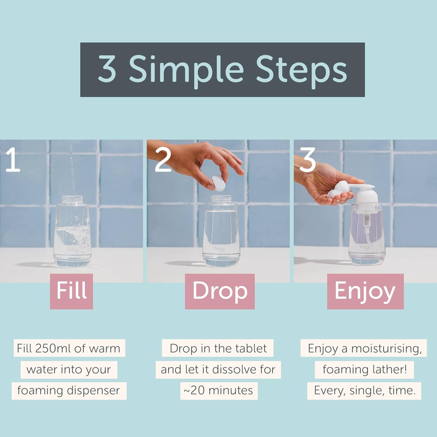 Tirtyl Hand Soap Duo Kit - 2 Glass Foaming Dispensers + Storage Tin + 6 Tablet Refills - Compostable Packaging - Variety Fragrances - 1.5L Total (Makes 6X 250Ml Bottles of Soap)