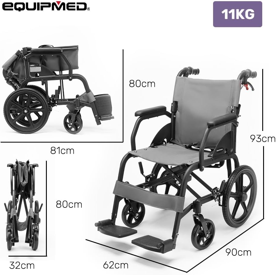 Equipmed Folding Transit Wheelchair, Lightweight Aluminium for Easy Transport, Grey image number 2