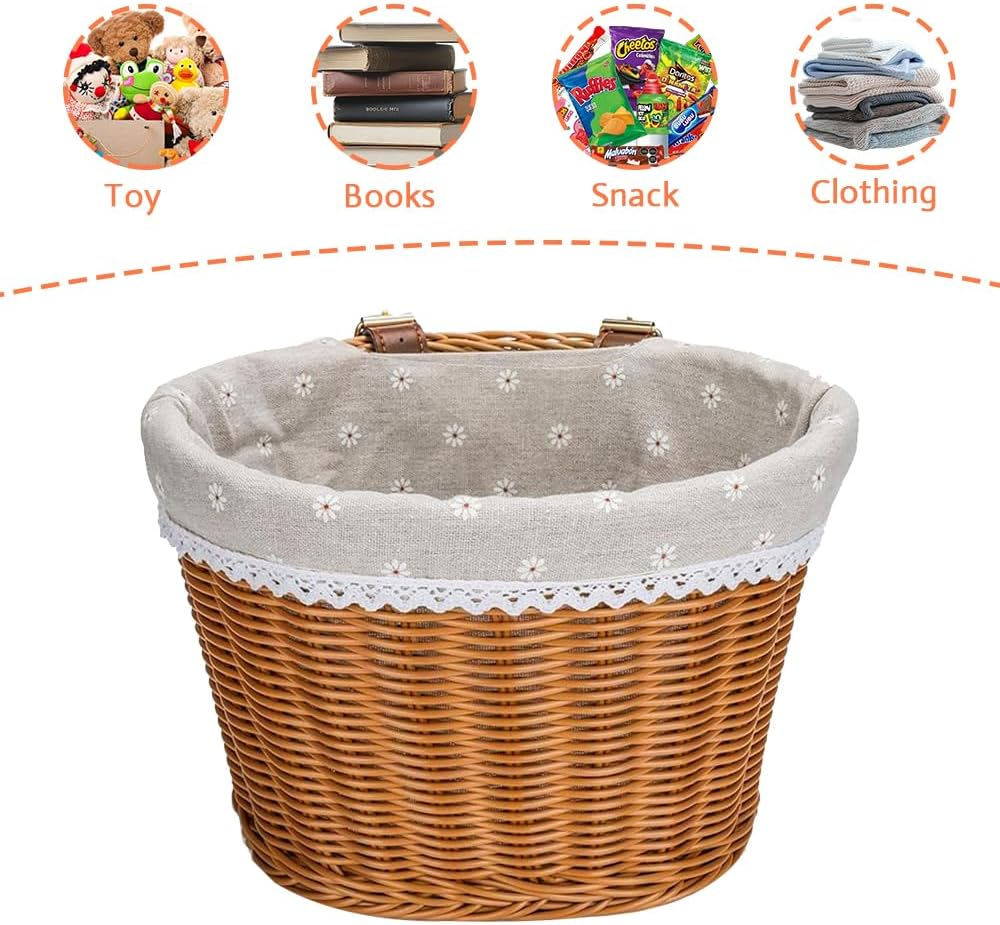 Bicycle Front Basket, Universal Storage Basket, Woven Basket, Removable Lining, Adjustable Shoulder Straps, Suitable for Bicycle and Electric Vehicle Storage Basket (Khaki) image number 3