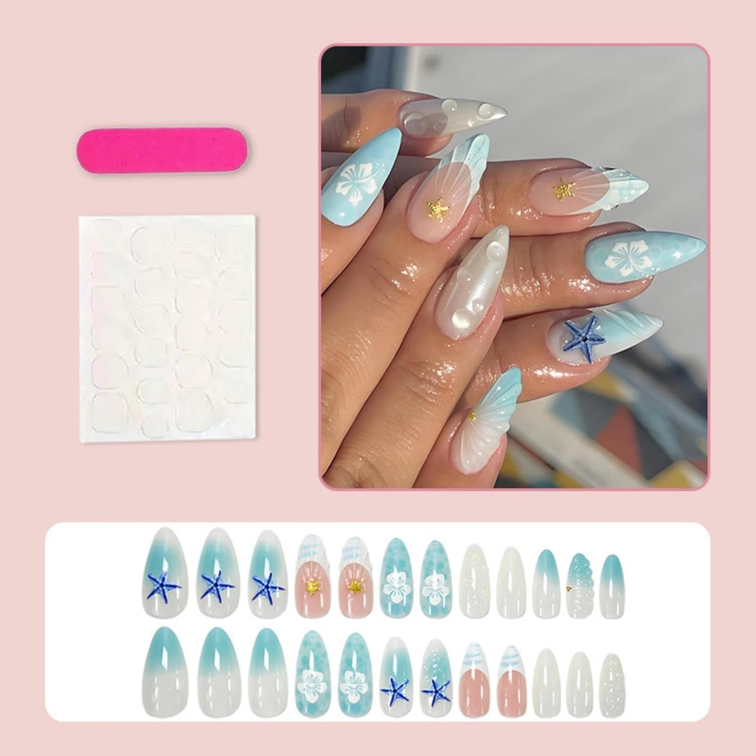 24Pcs 3D Mermaid Press on Nails | Blue Ocean Starfish & Shell Design | Medium Almond False Nails 12 Sizes + Nail File + Jelly Glue | Fake Nails for Women Girls