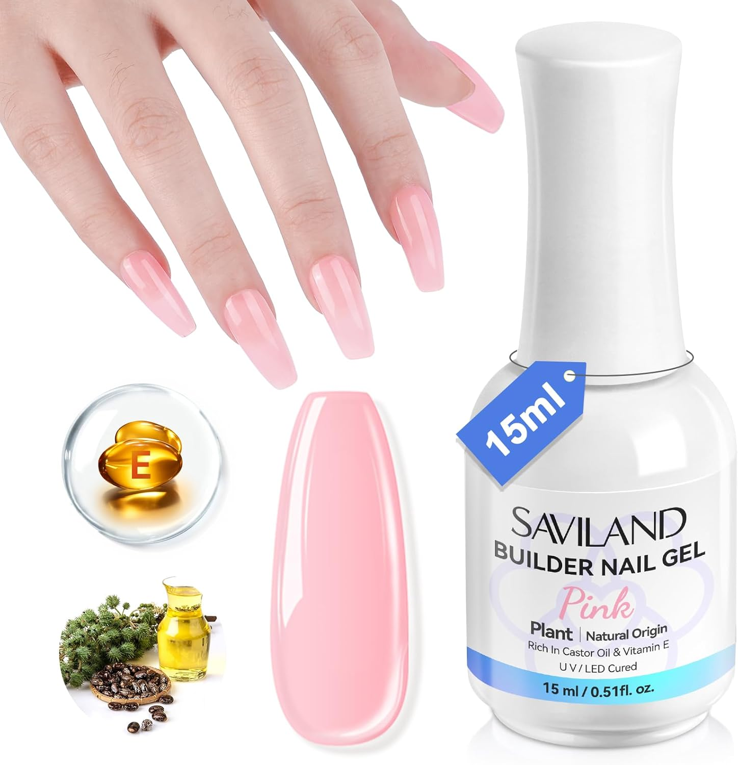 SAVLAND Natural Builder Nail Gel: Castor Oil Gel Builder for Nails Vitamin E Nail Strengthener Hard Nail Gel Builder in a Bottle Home Women Nail Extension Apex with Liner Brush 15 Ml Pink image number 5
