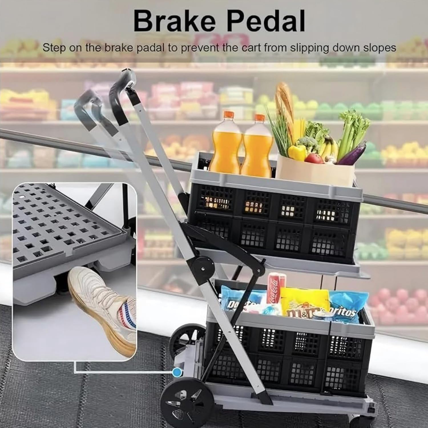 Folding Shopping Cart 2 Tier Multi Use Mobile Trolley Functional Collapsible Carts with Wheels and Removable Folding Storage Crates, for Groceries,Camping,Garage, Supermarket (Double Layer) image number 1