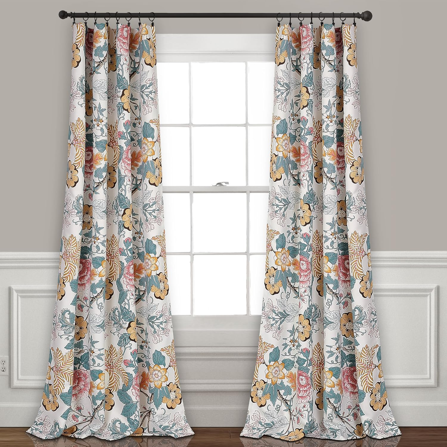 Lush Decor Sydney Light Filtering Window Curtain Panels, Pair, 52" W X 84" L, Blue & Yellow - Botanical Garden - Country Cottage Home Decor - Floral Curtains for Bedroom, Living Room, & Dining Room