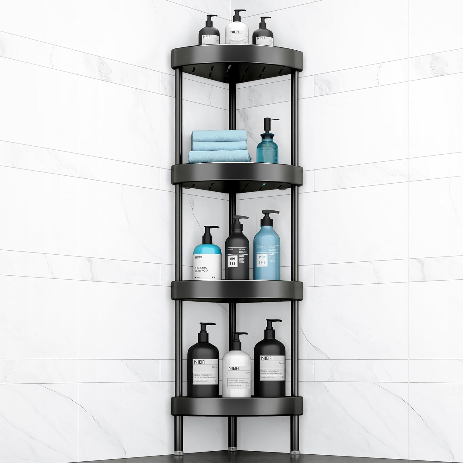 Nieifi Corner Shower Caddy Stand Rustproof Anodized Aluminum Standing Shower Organizer-Shower Caddy Corner-Dual Stability to Anti-Shaking-Height-Adjustable Legs for Uneven Surfaces (Black, 3-Tier)