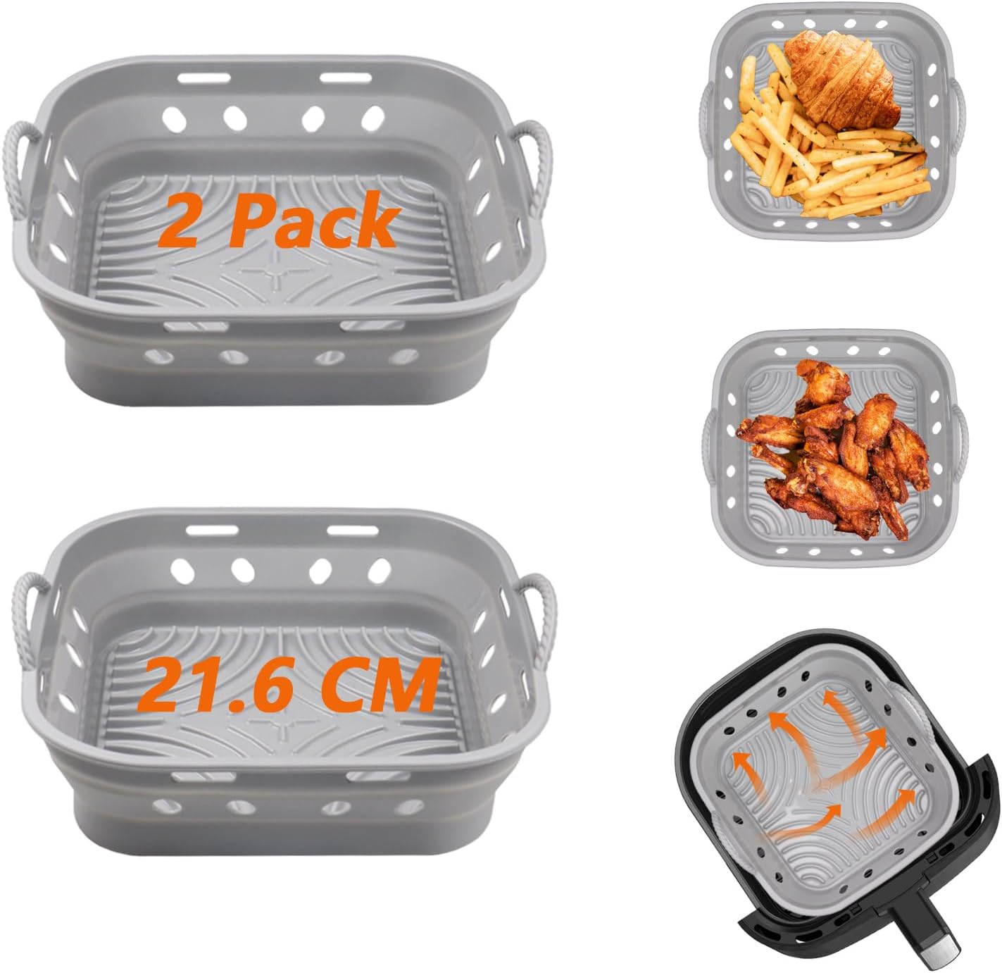 Marakruki 2Pcs Silicone Air Fryer Liners, 21.6 * 6Cm Square Reusable Air Fryer Silicone Liners with Air Flow Holes, Bpa-Free Silicone Liners for Air Fryer/Oven, Silicone Baking Accessories image number 1