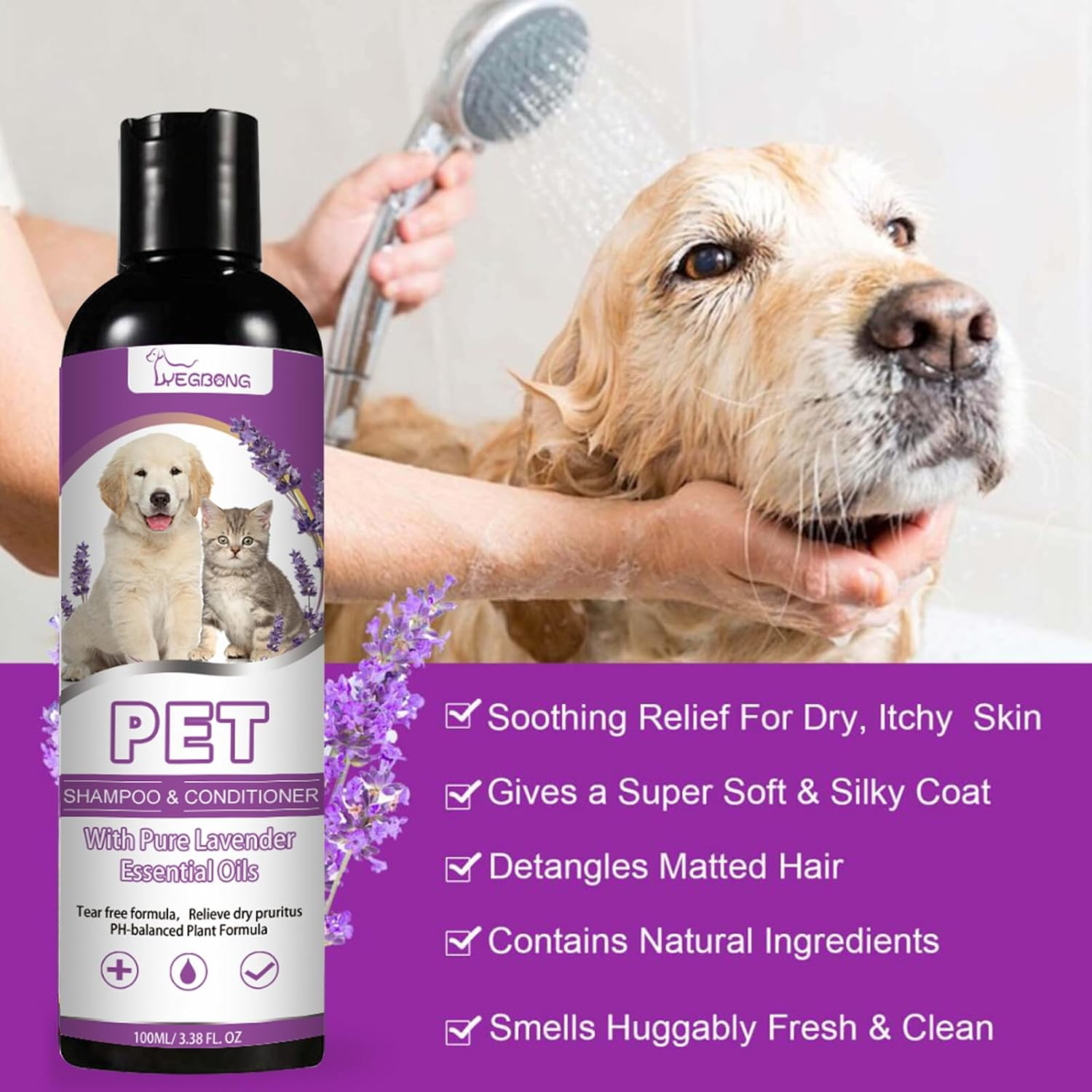 Pet Shampoo and Conditioner, Lavender Exfoliating Natural Dog Shampoo, Plant-Based Pet Products for Sensitive Skin, Pet Deodorizing Dog Shampoo image number 5