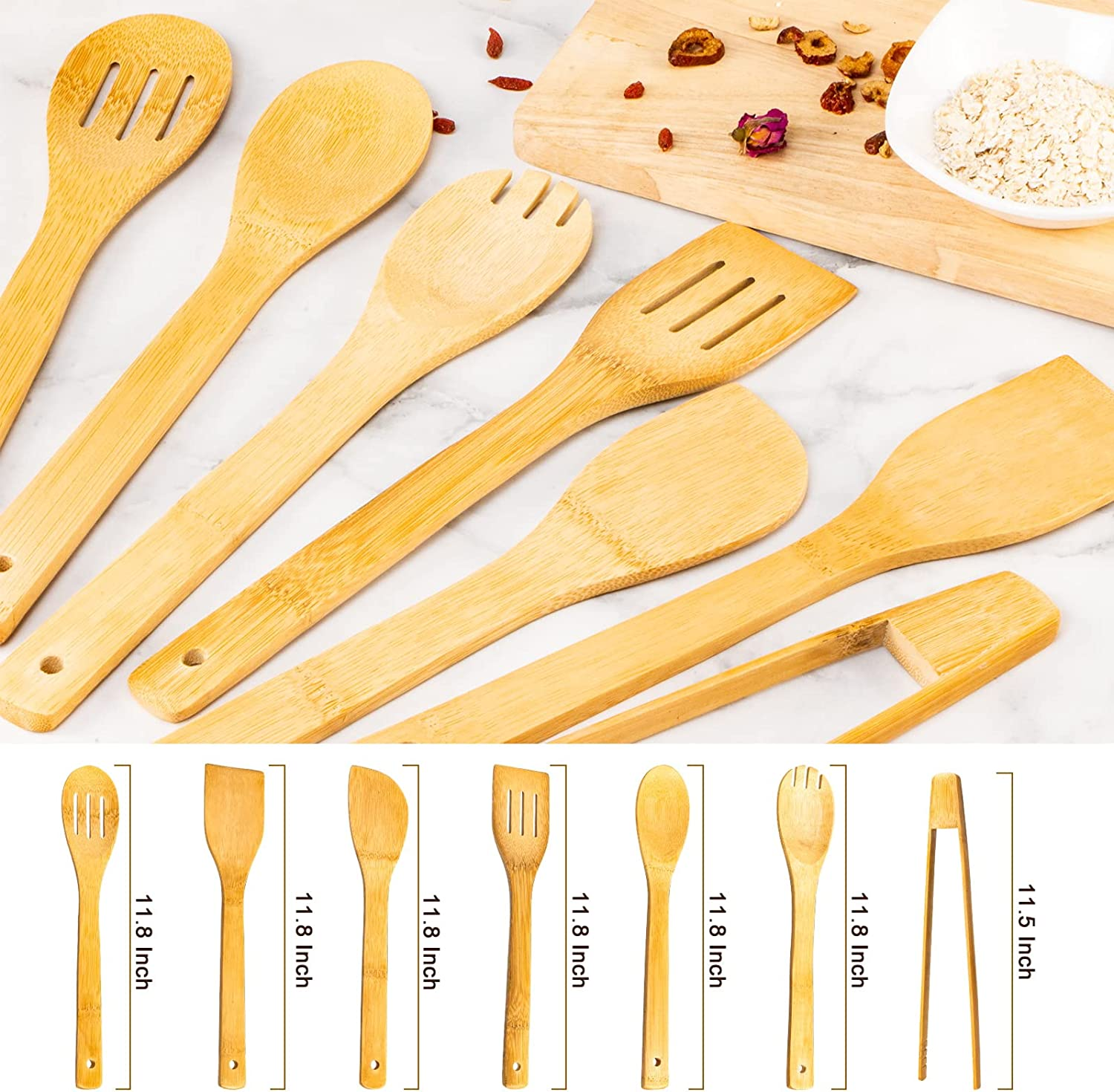 Wooden Spoons for Cooking 7-Piece, Kitchen Nonstick Bamboo Cooking Utensils Set, Healthy Bamboo Wooden Spatula Spoon for Cooking image number 3