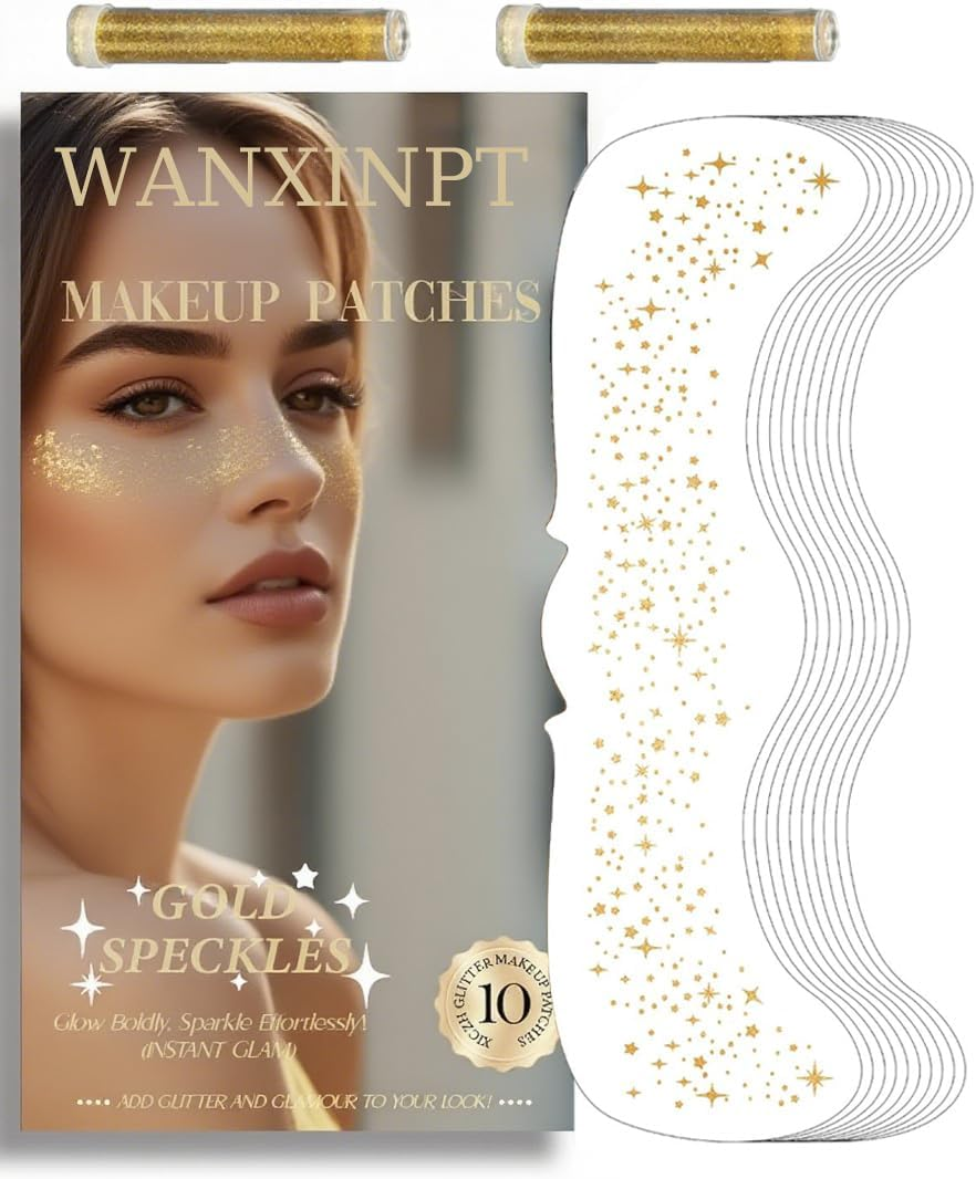 Glitter Freckles, Freckles Temporary Face Tattoos, Women Girls Body Face Glitter, Country Concert Singer Festival Carnival Accessories (Gold - 10 Pieces, Including Two Tubes of Decorative Gold Powder)
